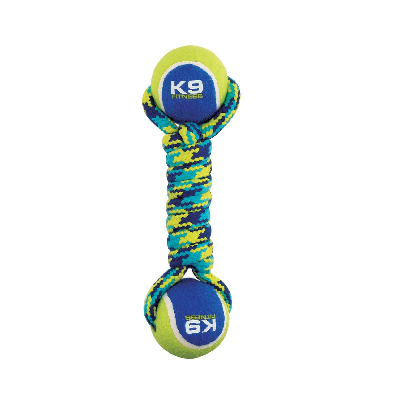 Zeus K9 Fitness Double Tennis Ball Rope Dumbbell Dog Toy, 9-in