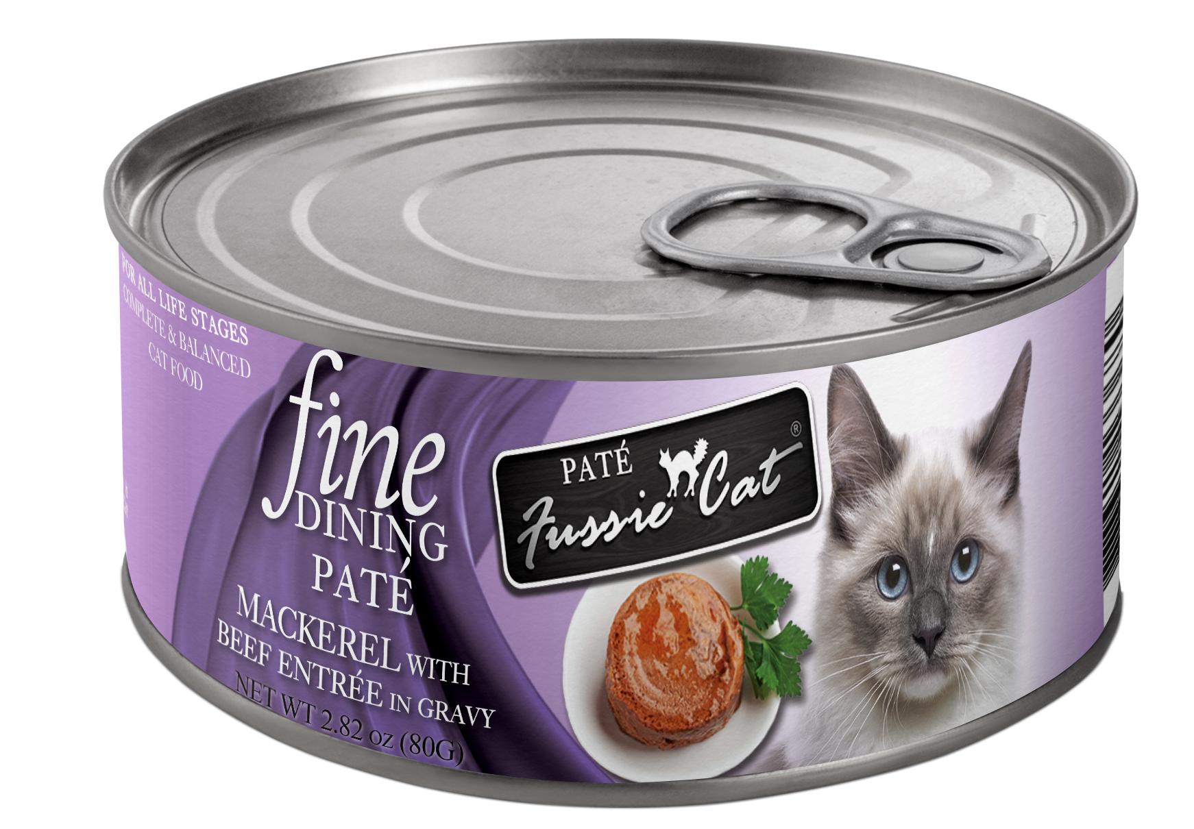 Fussie Cat Fine Dining Pate Mackerel with Beef Entree in Gravy Wet Cat Food Can, 2.82-oz