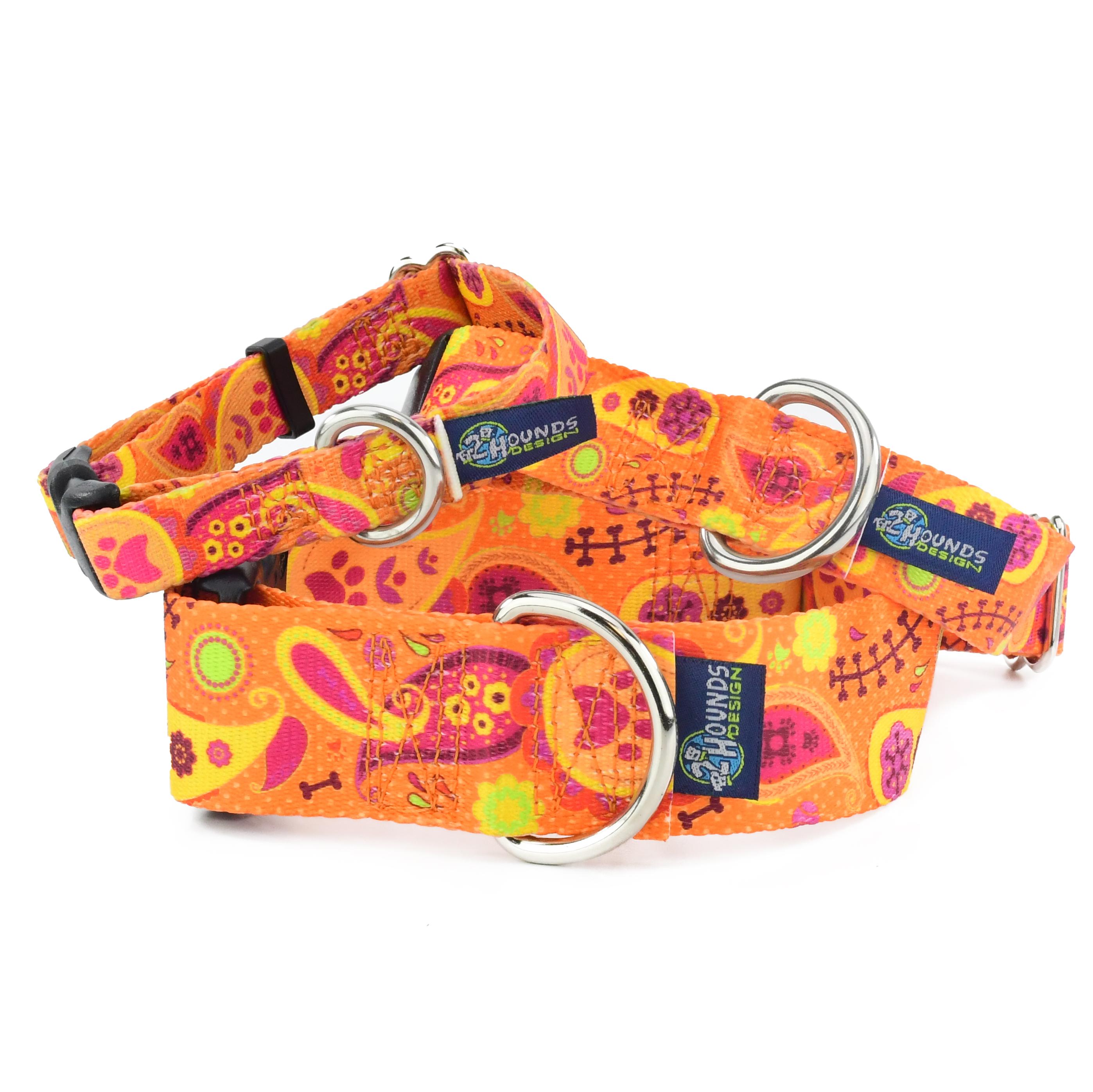2 Hounds Design Keystone Martingale Dog Collar, Orange Paisley, 1-in x 16-20-in