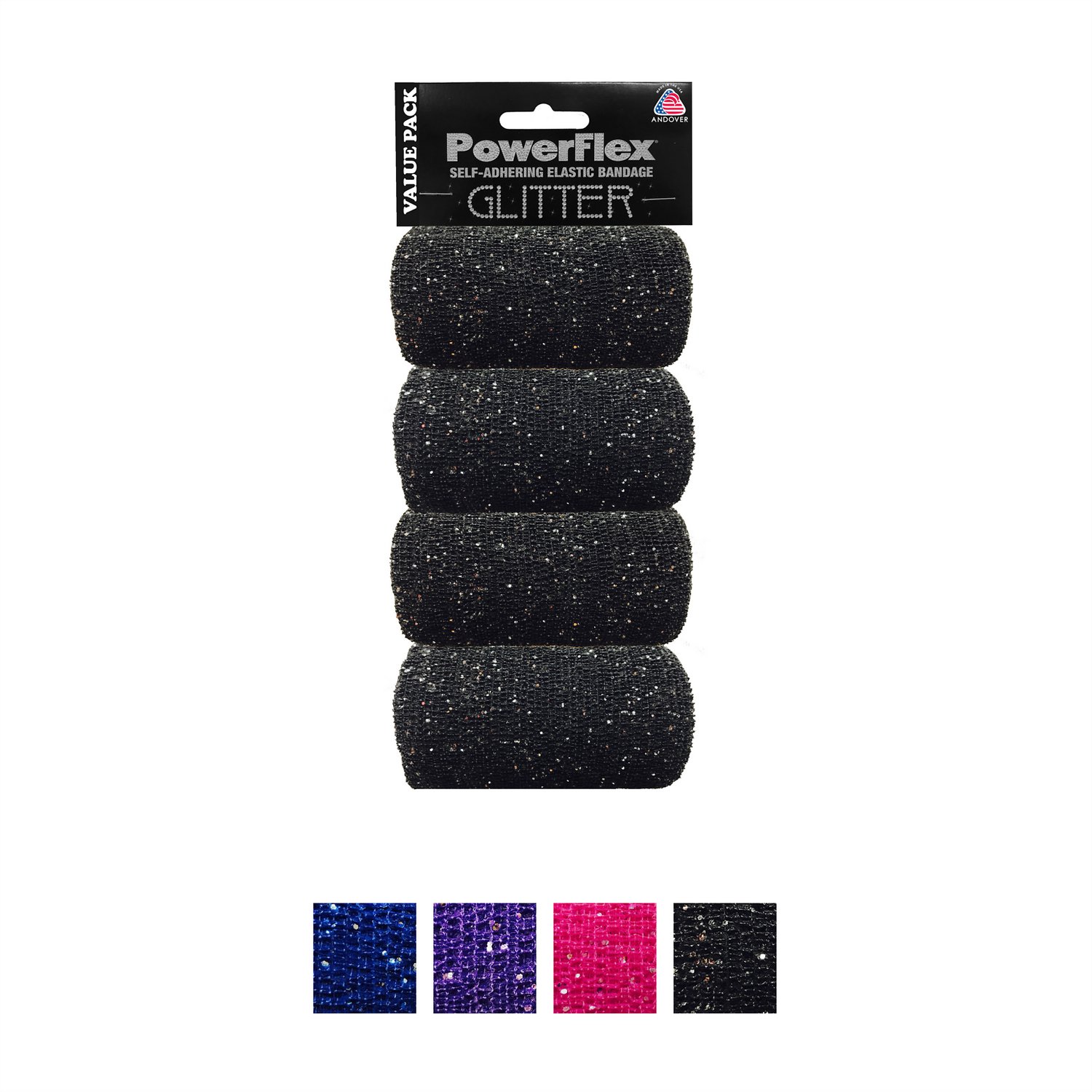 Andover Healthcare PowerFlex Sport Athletic Glitter Horse, Dog & Cat Bandage, Black, 4-in, 4-pack