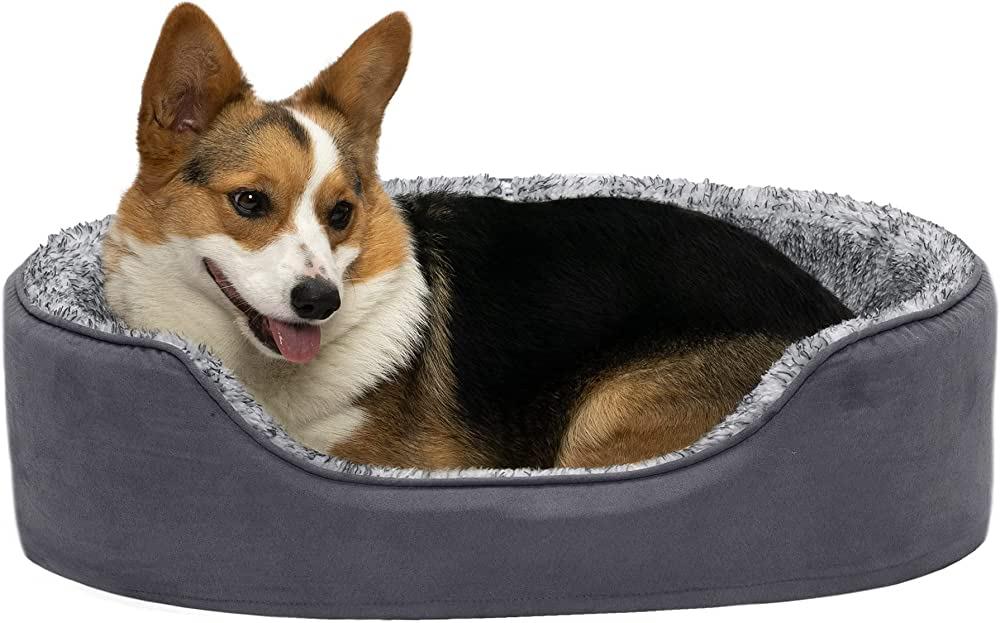 FurHaven Two-Tone Faux Fur & Suede Oval Pet Bed, Large