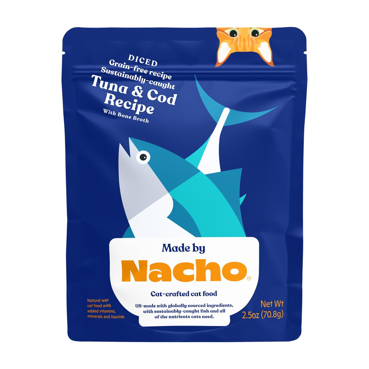 Made By Nacho Diced Sustainably-Caught Tuna & Cod with Bone Broth Grain-Free Cat Food Topper Pouch