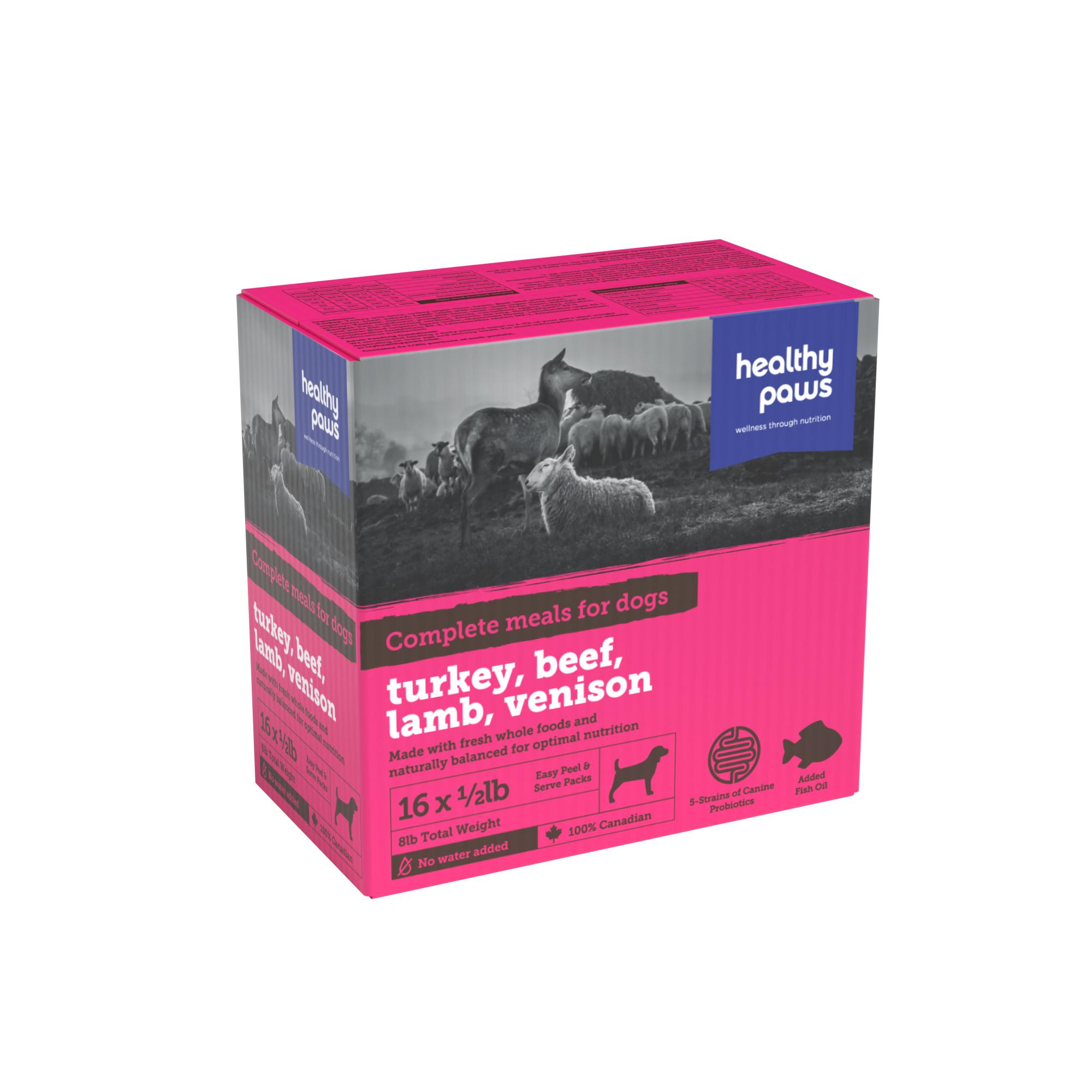 Healthy Paws Variety Pack Turkey, Lamb, Beef & Venison Raw Frozen Dog Food, 8-lb