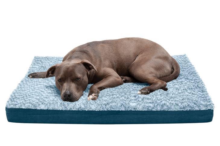 FurHaven Two-Tone Faux Fur & Suede Deluxe Mattress Dog Bed, Marine Blue, Large