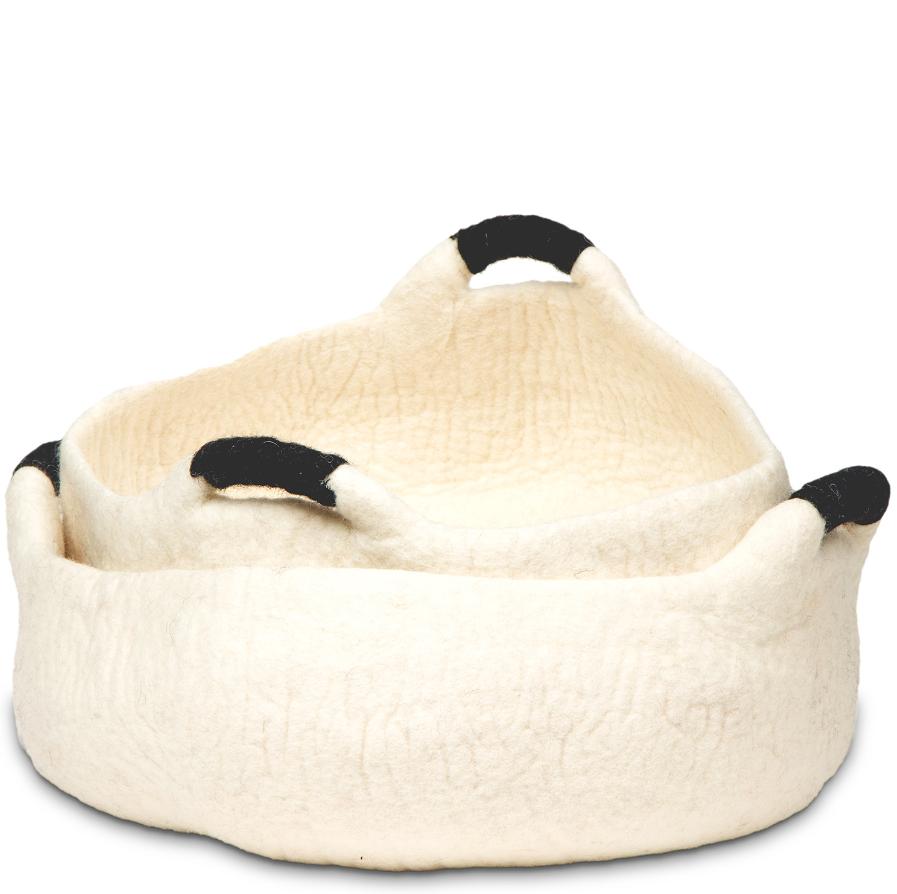 Dharma Dog Karma Cat Handle Wool Basket Pet Bed, White/Black, 20-in