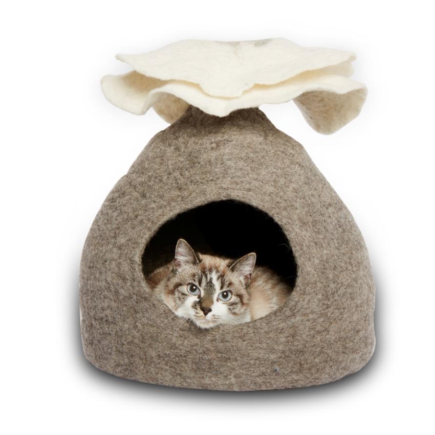 Dharma Dog Karma Cat Bouquet Cave Wool Pet Bed, Natural/White