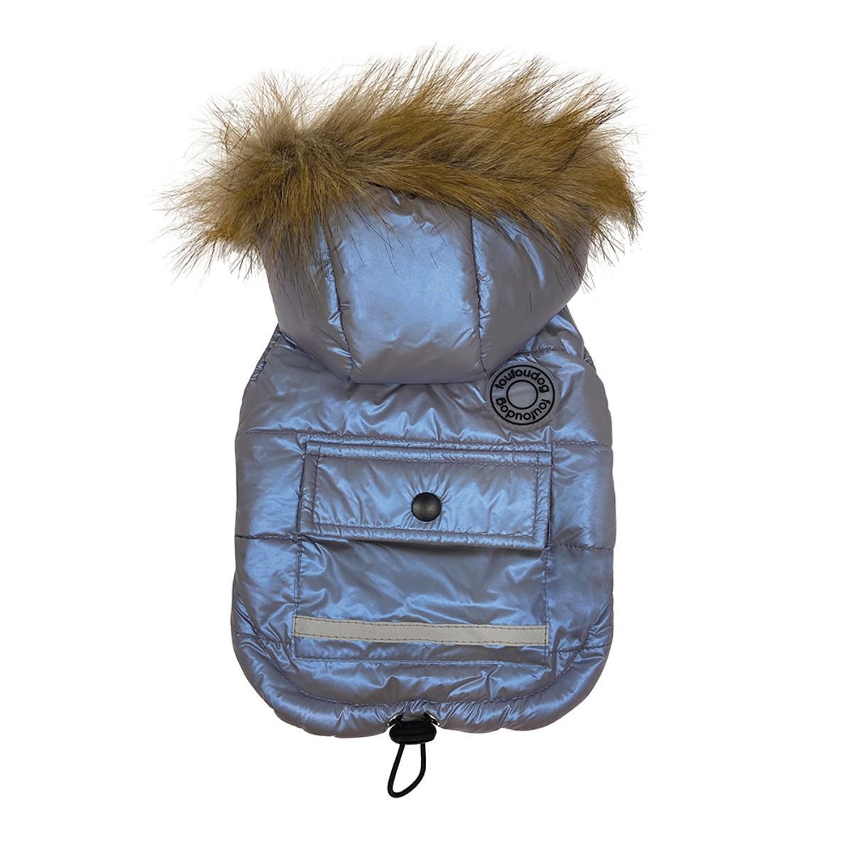 foufouBRANDS Iridescent Parka Dog Coat, Grey/Blue