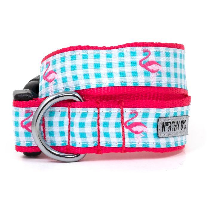 The Worthy Dog Gingham Flamingos Dog Collar, Blue, Small