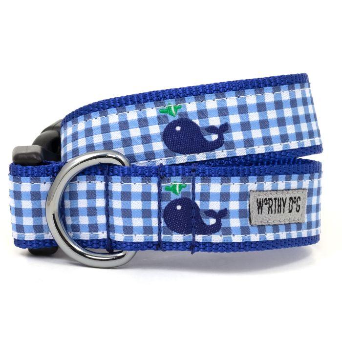 The Worthy Dog Gingham Whales Dog Collar, Blue,  X-Small
