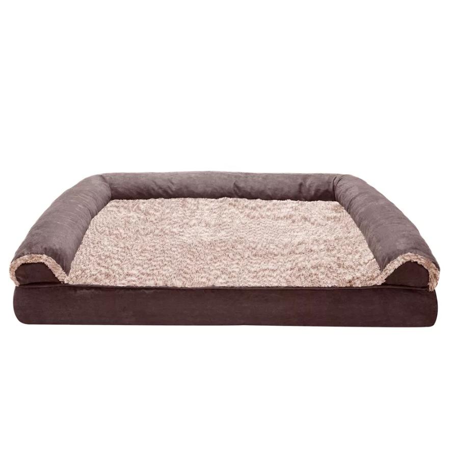 FurHaven Two-Tone Faux Fur & Suede Sofa Orthopedic Dog Bed, Espresso