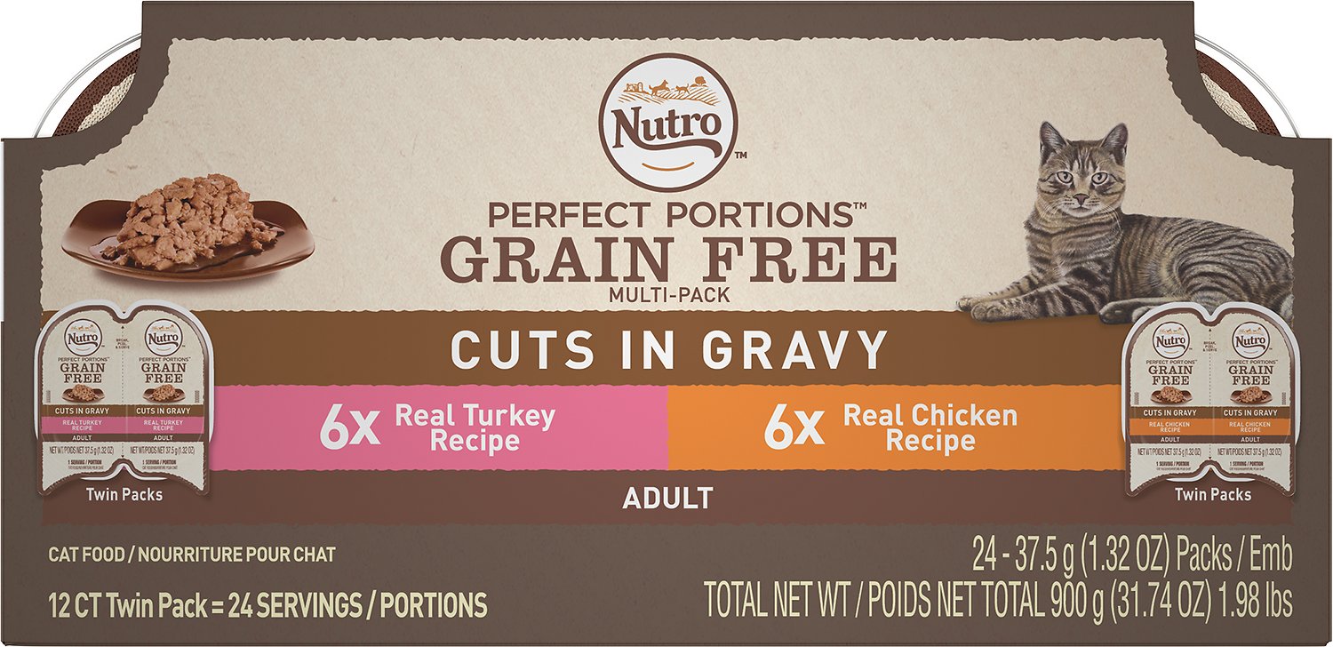 Nutro Perfect Portions Grain-Free Cuts in Gravy Multi-Pack Real Turkey & Real Chicken Recipe Cat Food Trays, 2.65-oz, case of 12 twin-packs (**)