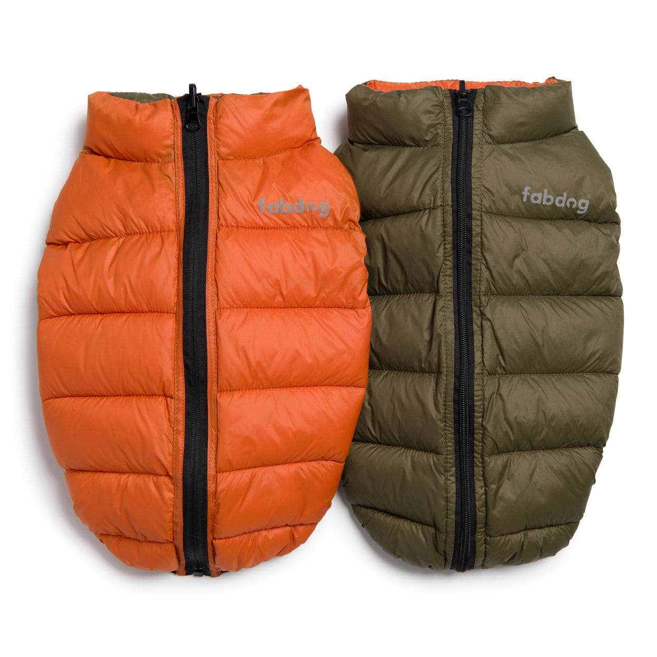 fabdog Pack N' Go Reversible Puffer Dog Coat, Olive/Orange, 8-in