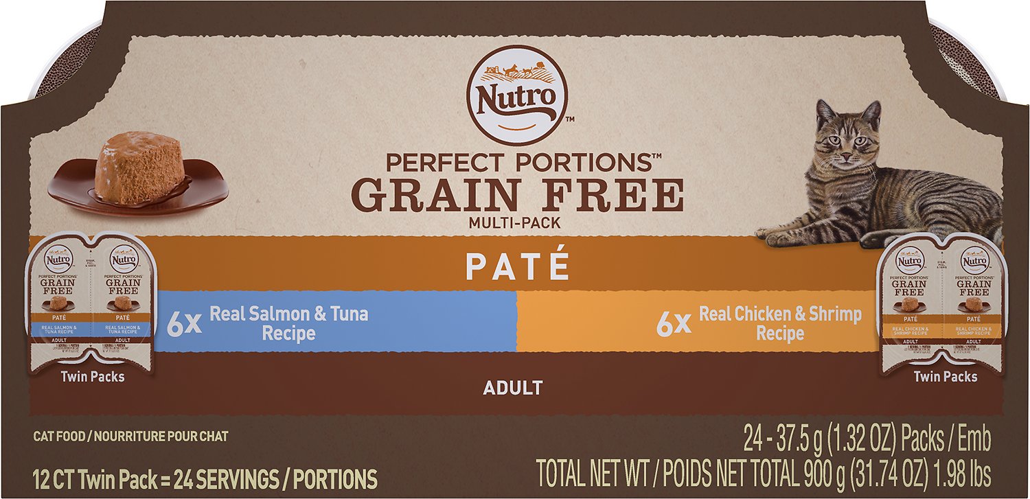 Nutro Perfect Portions Grain-Free Pate Multi-Pack Real Salmon & Tuna, Real Chicken & Shrimp Recipe Cat Food Trays, 2.65-oz, case of 12 twin-packs (**)