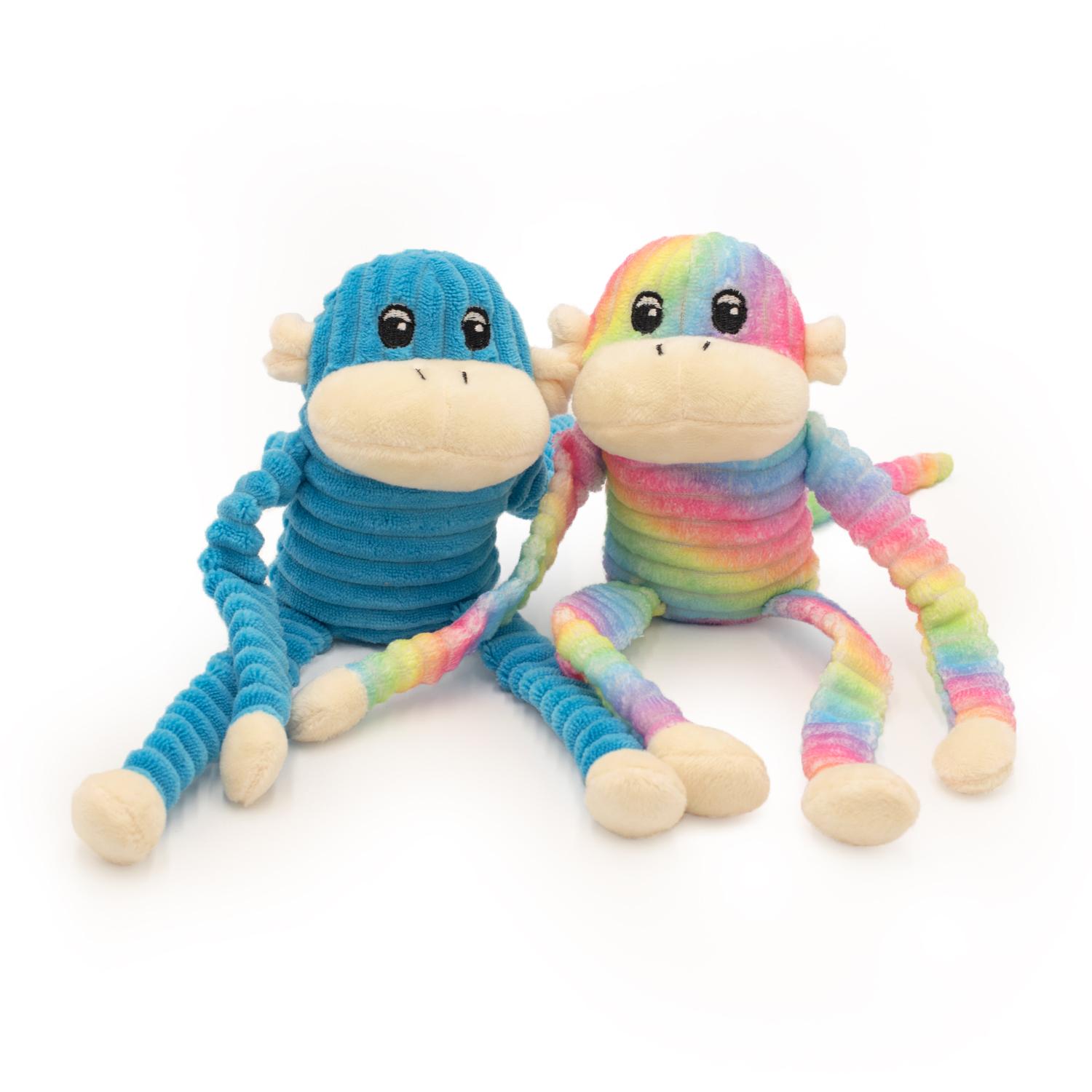 ZippyPaws Spencer the Crinkle Monkey Dog Toy, Rainbow/Blue, Small, 2-pk