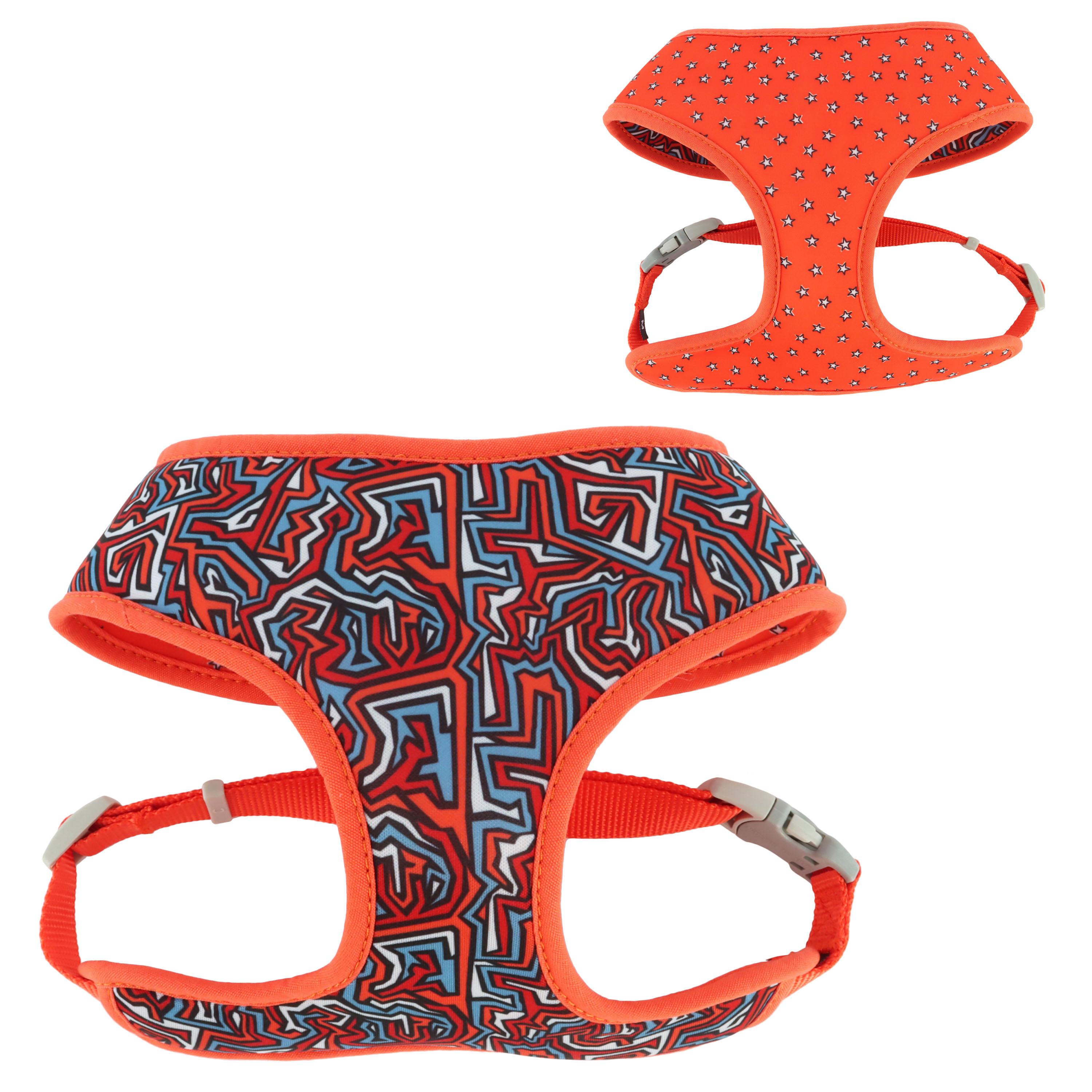 Sublime Reversible Dog Harness, Red Blue Graffitti with Red Stars