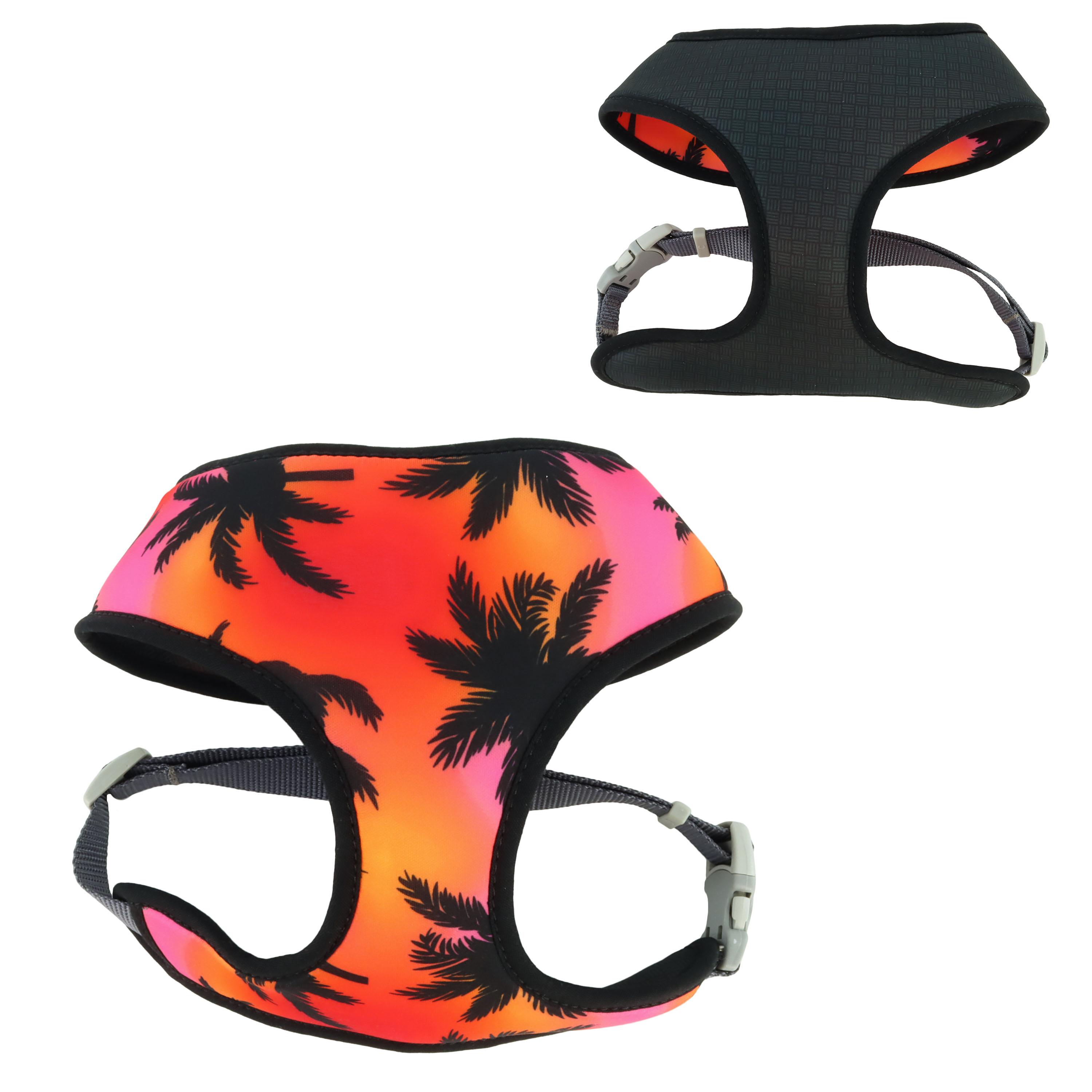 Sublime Reversible Dog Harness, Sunset Palms with Black Grid, 3/4-in x 20-29-in