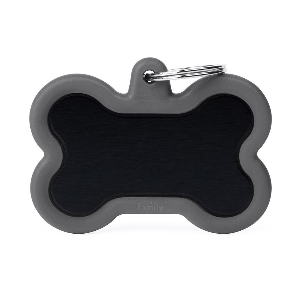 MyFamily Hushtag Bone Aluminum Rubber Pet ID Tag, Black/Grey
