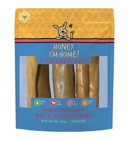 Honey I'm Home Natural Honey Coated Buffalo Collagen Rolls Dog Treats, 6-in, 3-pk