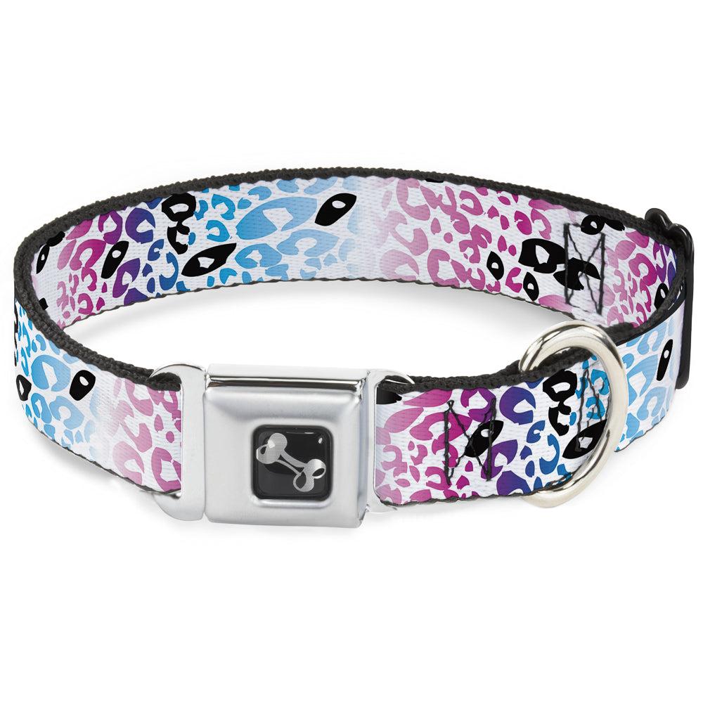 Buckle-Down Dog Bone Seatbelt Buckle Dog Collar, Leopard White/Pinks/Blues/Black, Large