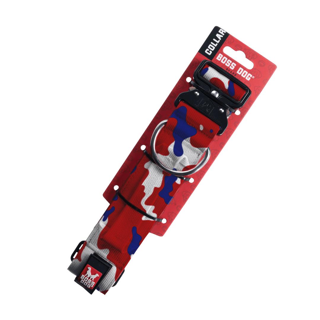 Boss Dog Tactical Dog Collar, Red, White & Blue, 1.5-in x 15-18-in