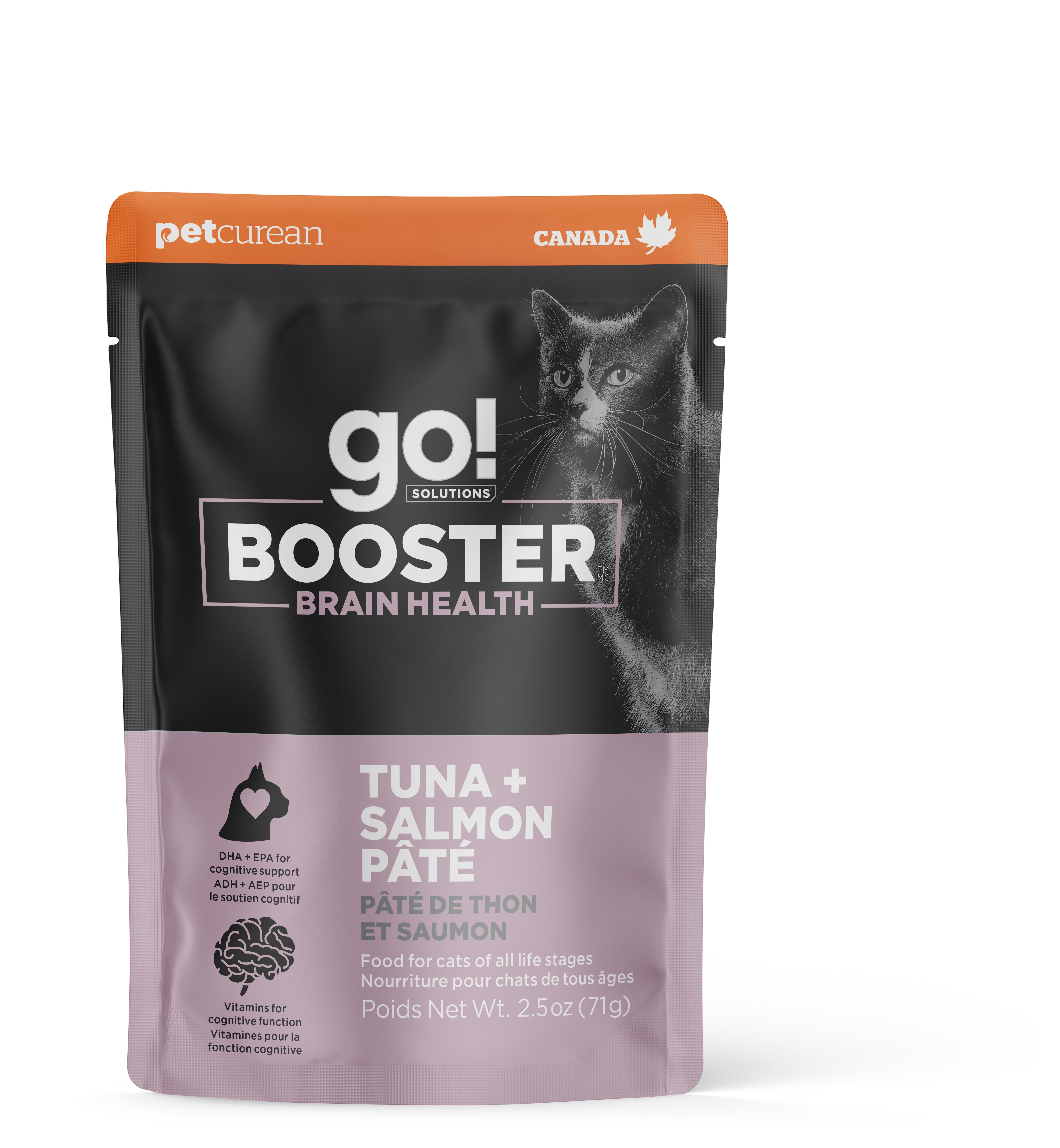 Go! Solutions Booster Brain Health Tuna + Salmon Pate Wet Cat Food Topper Pouch, 2.5-oz