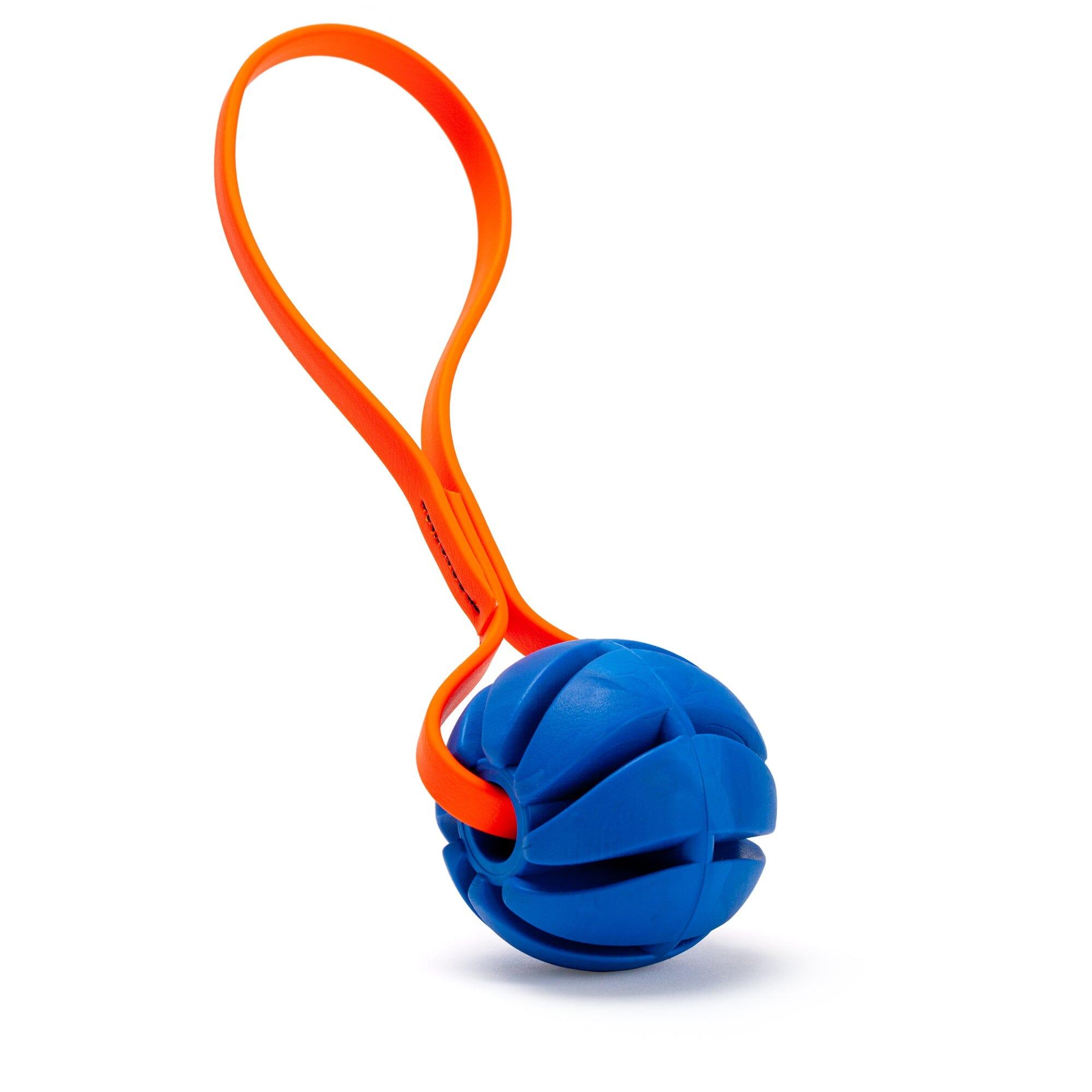 Dogline Rubber Spiral Ball with Biothane Handle Dog Toy, Blue/Hunter Orange, 2.75-in