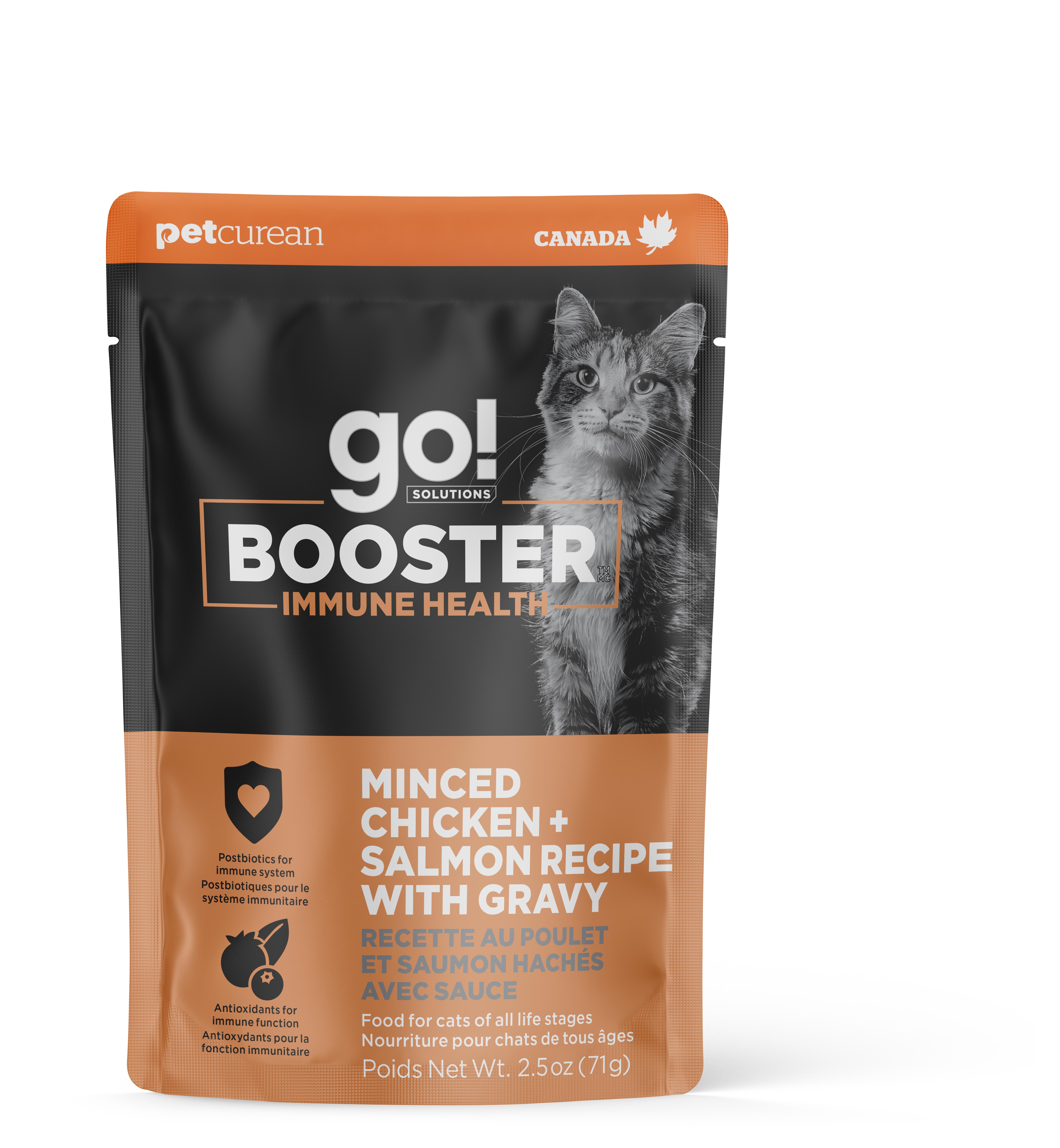 Go! Solutions Booster Immune Health Minced Chicken + Salmon with Gravy Wet Cat Food Topper Pouch, 2.5-oz