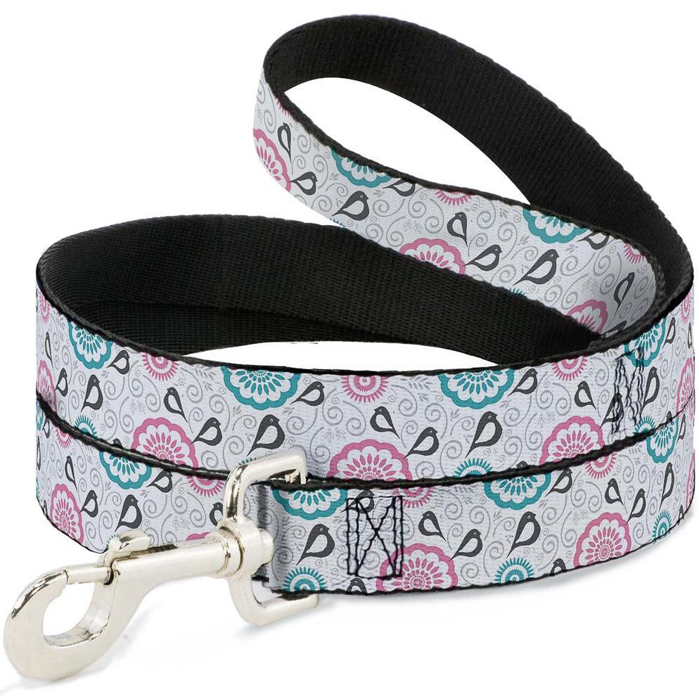 Buckle-Down Dog Leash, Bird Tapestry White/Gray/Turquoise/Pink, 1-in x 6-ft