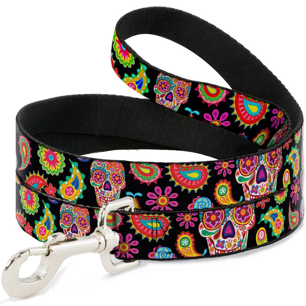 Buckle-Down Dog Leash, Bobo Sugar Skull/Paisley Black/Multi Color, 1-in x 6-ft