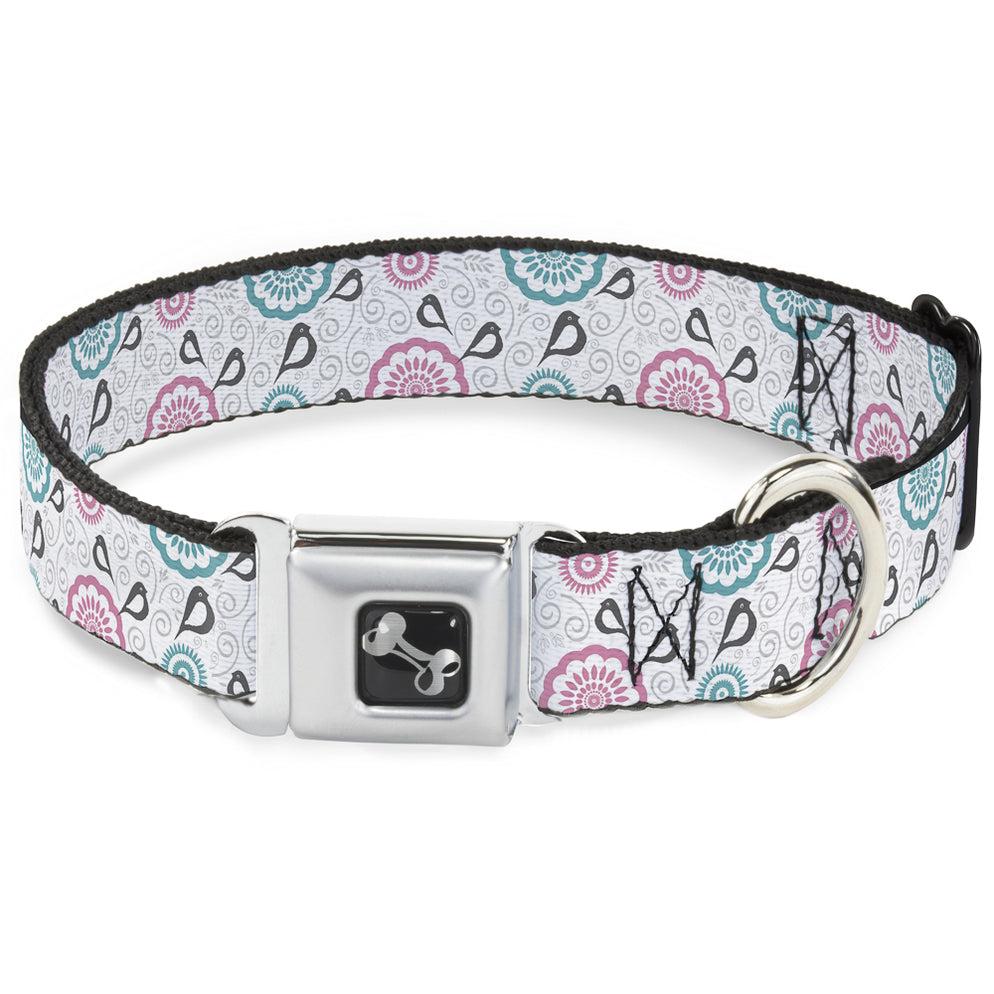Buckle-Down Dog Bone Seatbelt Buckle Dog Collar, Bird Tapestry White/Gray/Turquoise/Pink, Large