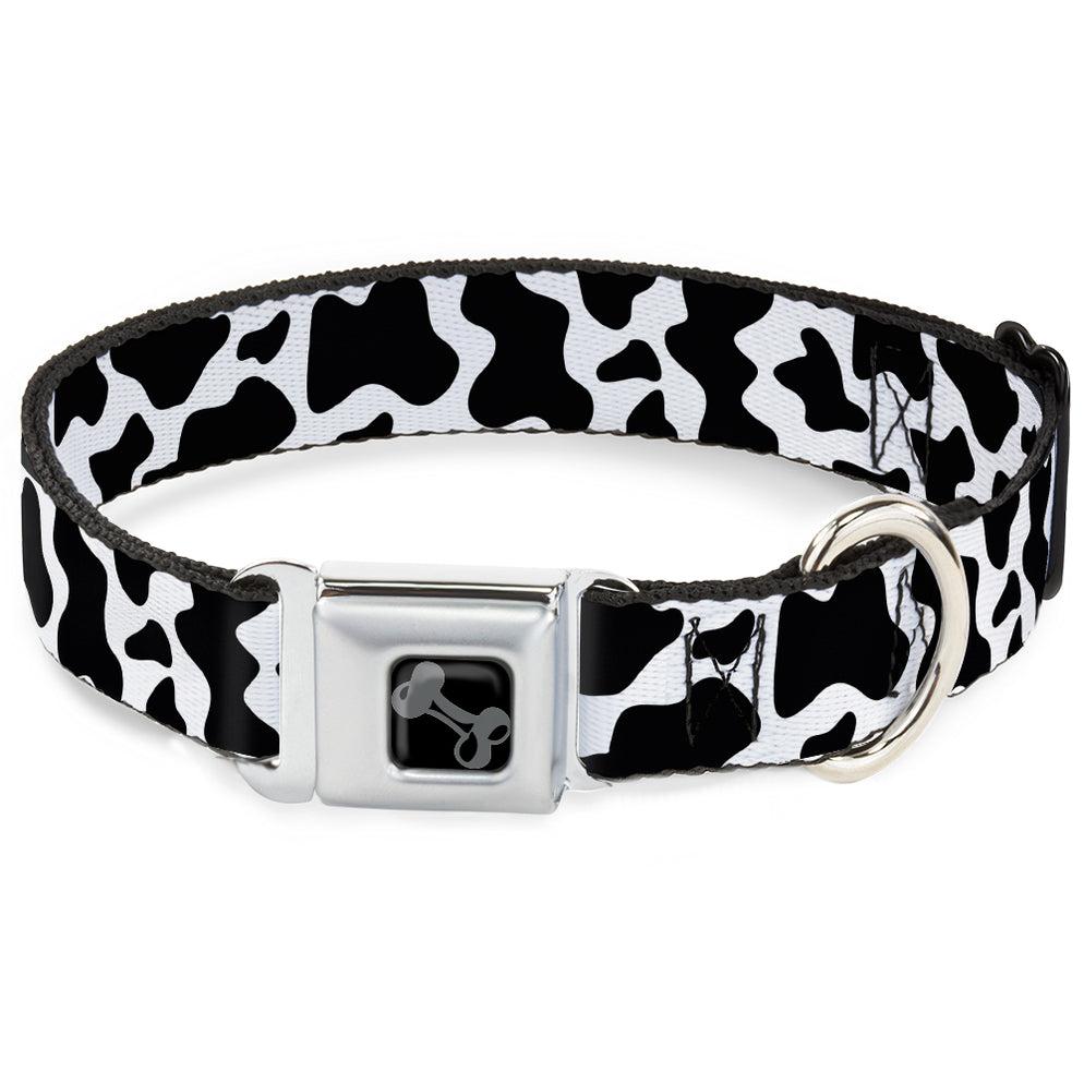 Buckle-Down Dog Bone Seatbelt Buckle Dog Collar, Cow Pattern Print White/Black, Large