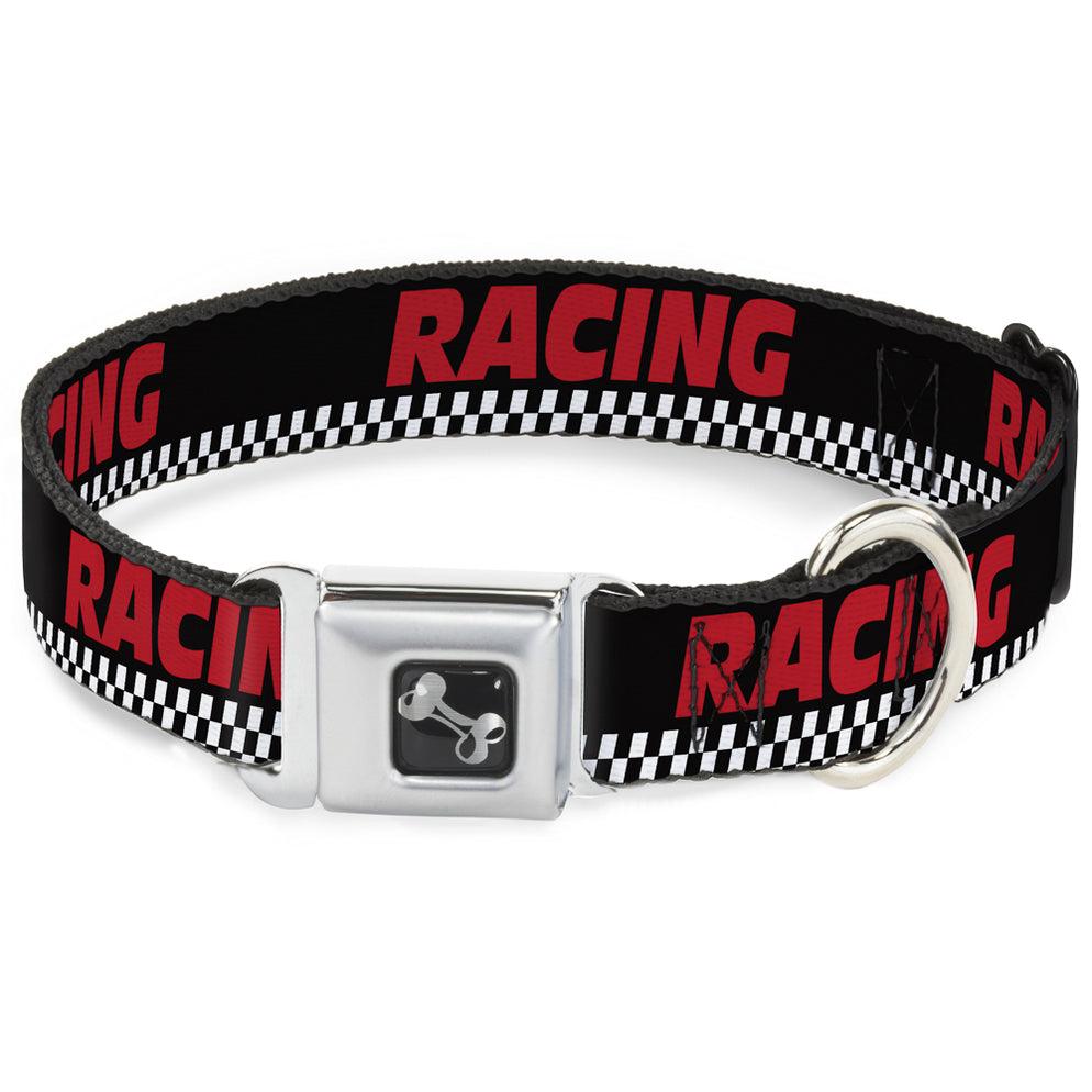 Buckle-Down Dog Bone Seatbelt Buckle Dog Collar, RACING with Checker Black/White/Red, Large
