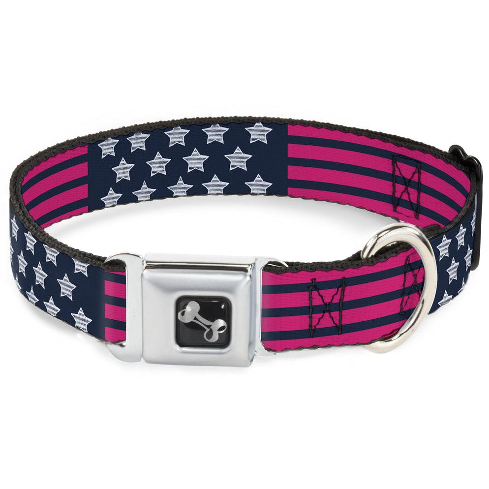 Buckle-Down Dog Bone Seatbelt Buckle Dog Collar, Stars & Stripes2 Blue/White/Pink, Large