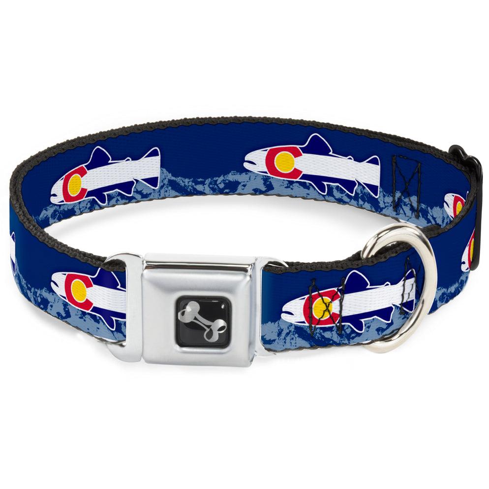 Buckle-Down Dog Bone Seatbelt Buckle Dog Collar, Colorado Trout Flag/Snowy Mountains Blues/White/Red/Yellow, Large