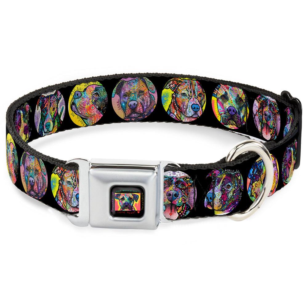 Buckle-Down Pitbull Portraits Seatbelt Buckle Dog Collar, Beware Of Pit Bulls They Will Steal Your Heart Full Color Black/Multi Color, Wide Large