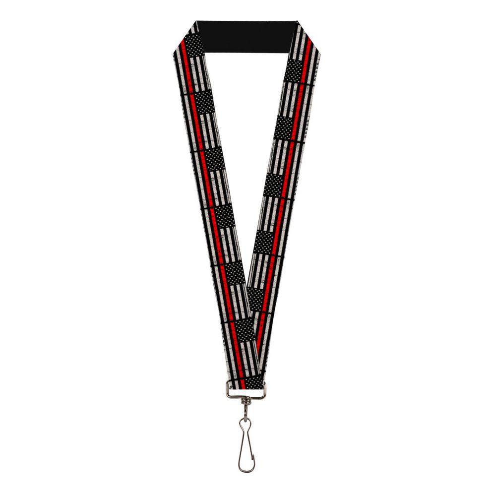 Buckle-Down Lanyard, Thin Red Line Flag Weathered Black/Gray/Red, 1-in x 22-in