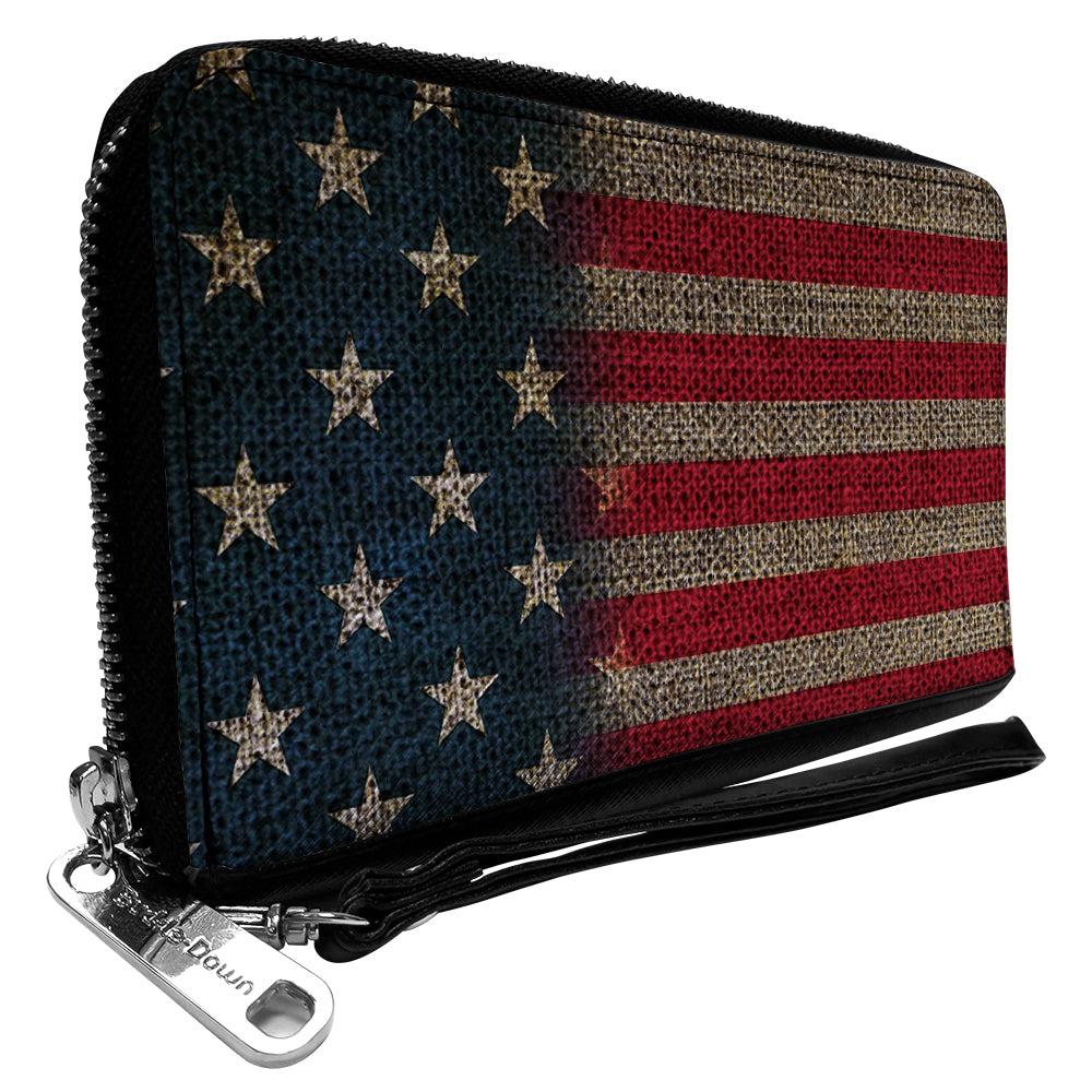 Buckle-Down Zip Around Rectangle Wallet, Vintage US Flag Stretch, 7.5 x 4.5 x 1-in