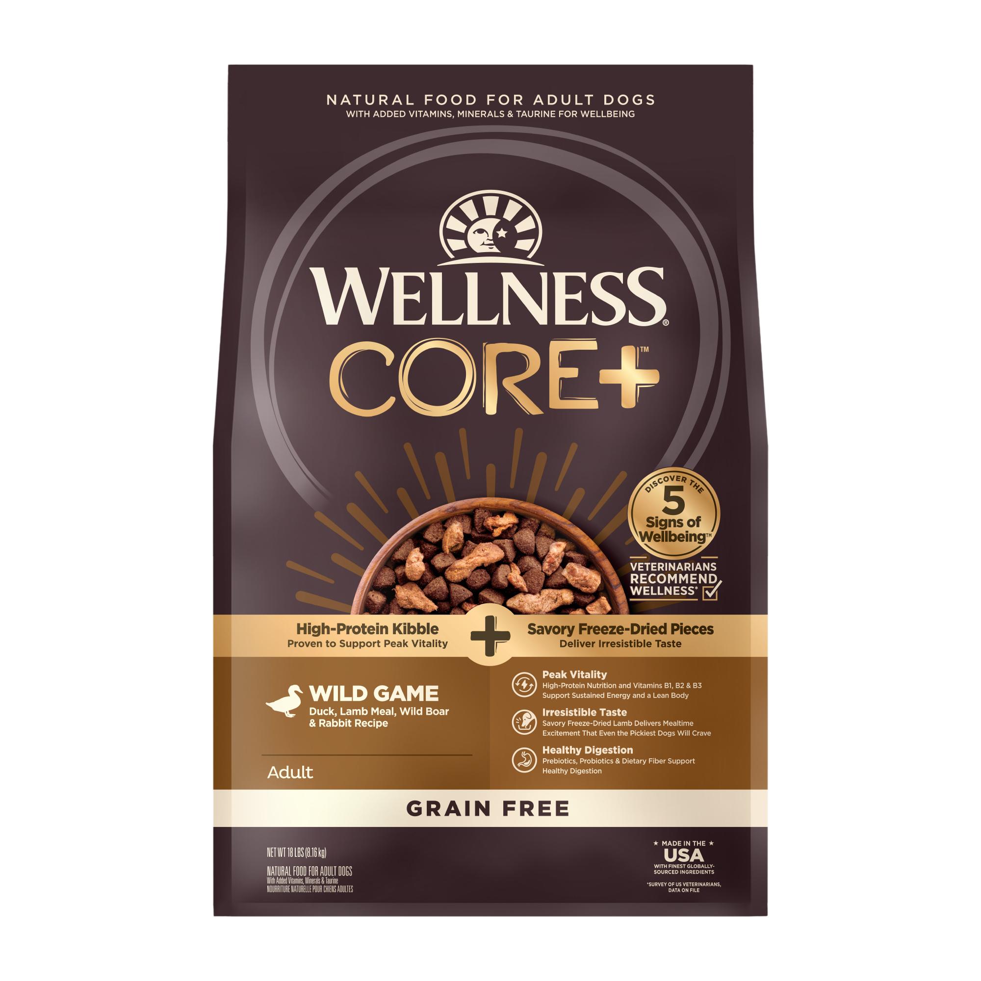 Wellness CORE+ Wild Game Duck, Lamb, Wild Boar & Rabbit Grain-Free Freeze-Dried Pieces Dry Dog Food, 18-lb