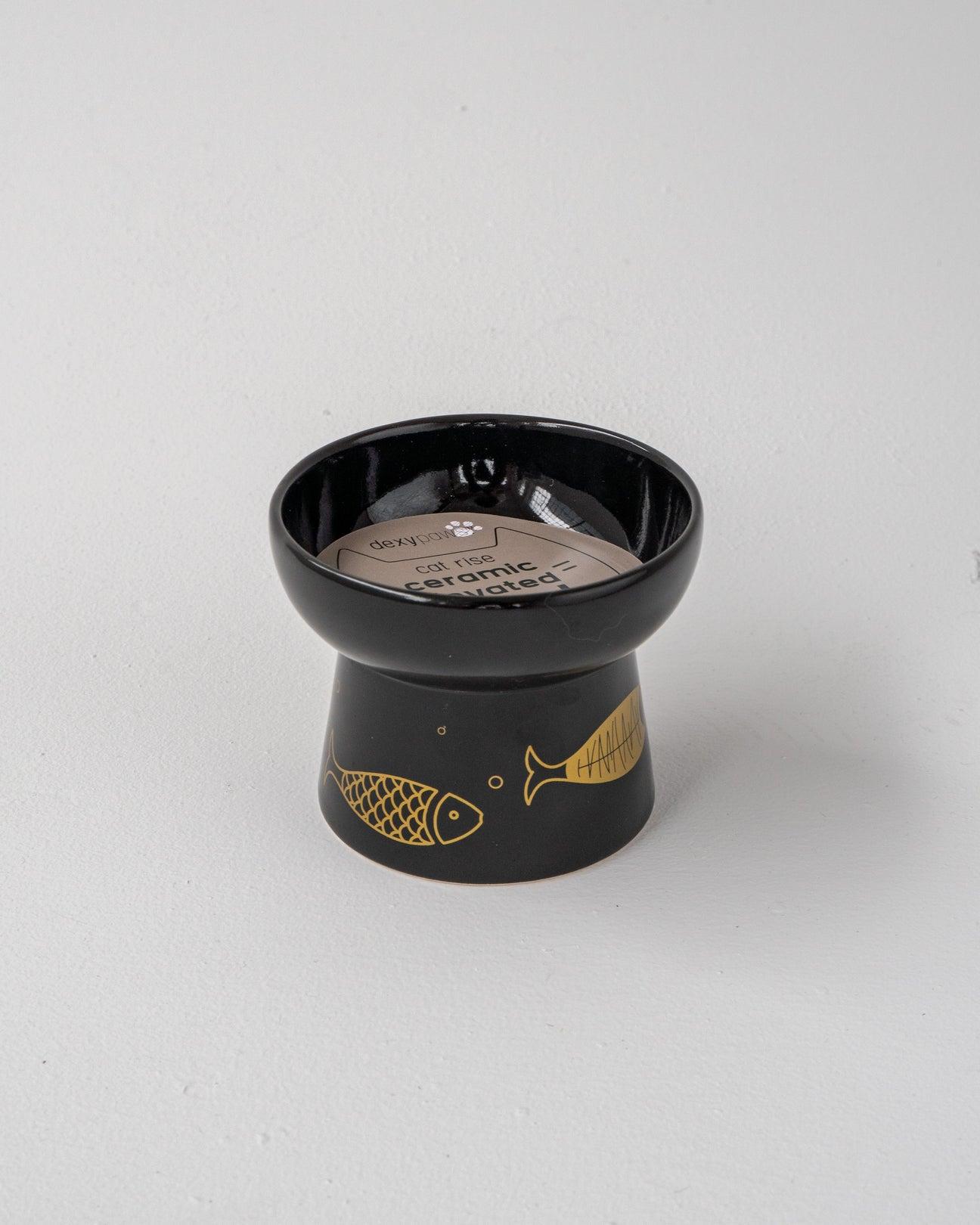 Dexypaws Ceramic Elevated Cat Bowl, Black/Gold Fish Print