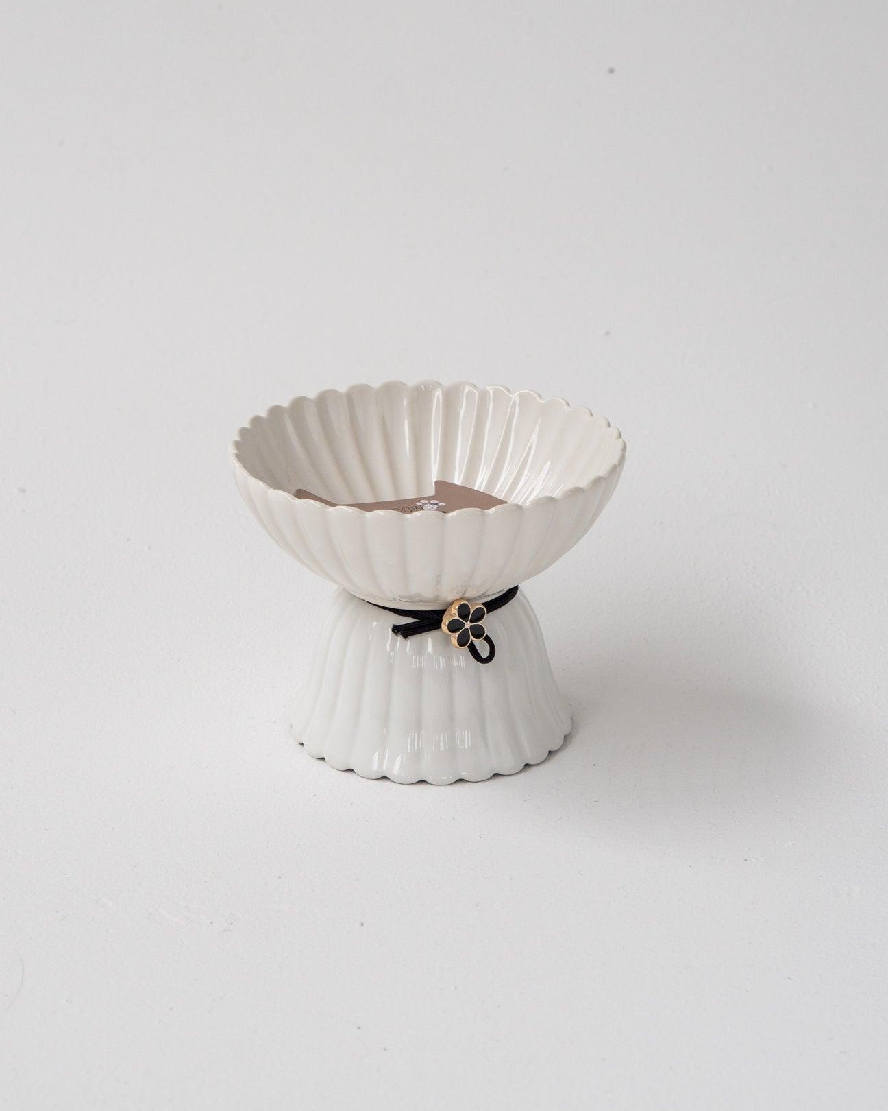 Dexypaws Ceramic Elevated Cat Bowl, White/Black Flower