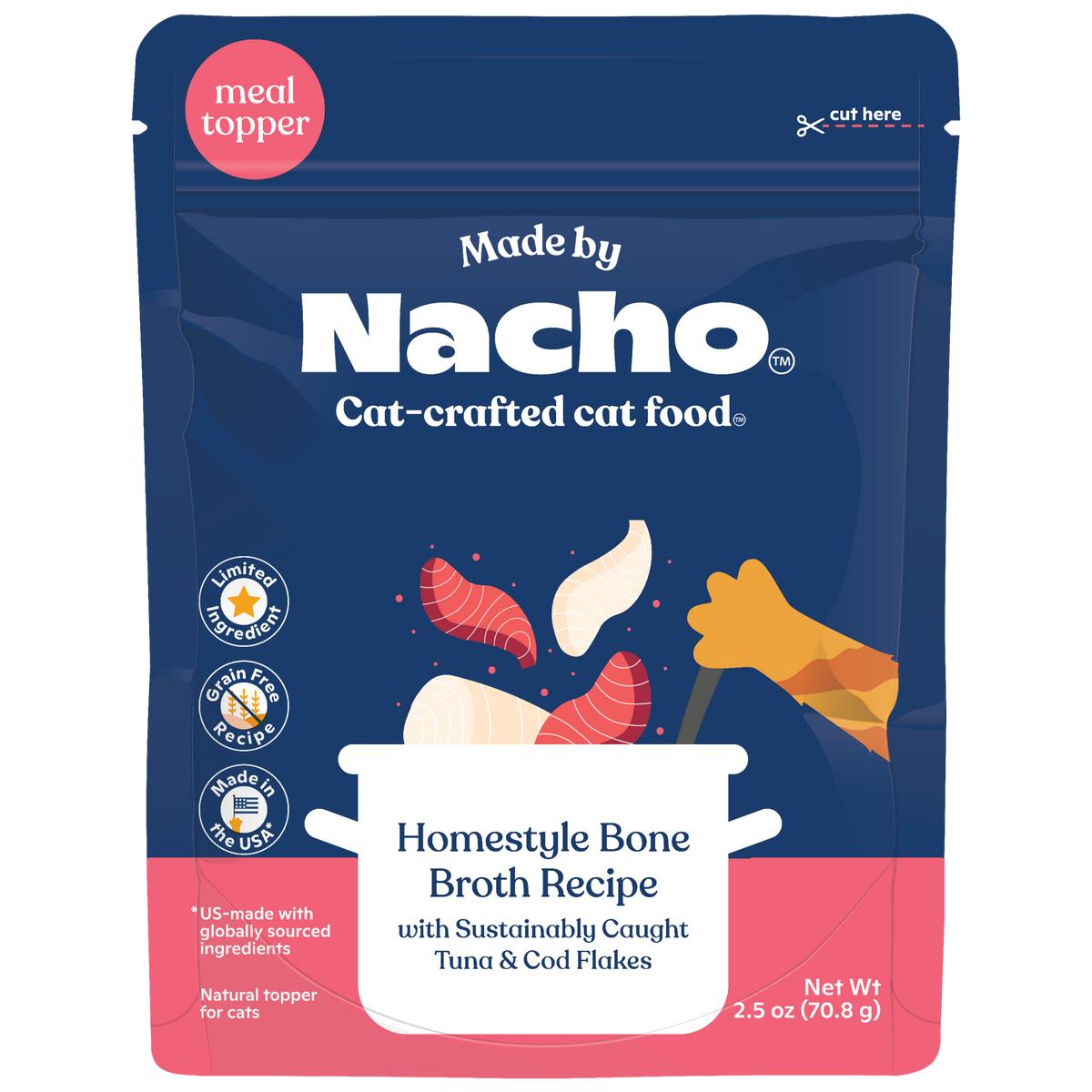 Made By Nacho Homestyle Bone Broth with Sustainably Caught Tuna & Cod Flakes Grain-Free Cat Food Topper Pouch