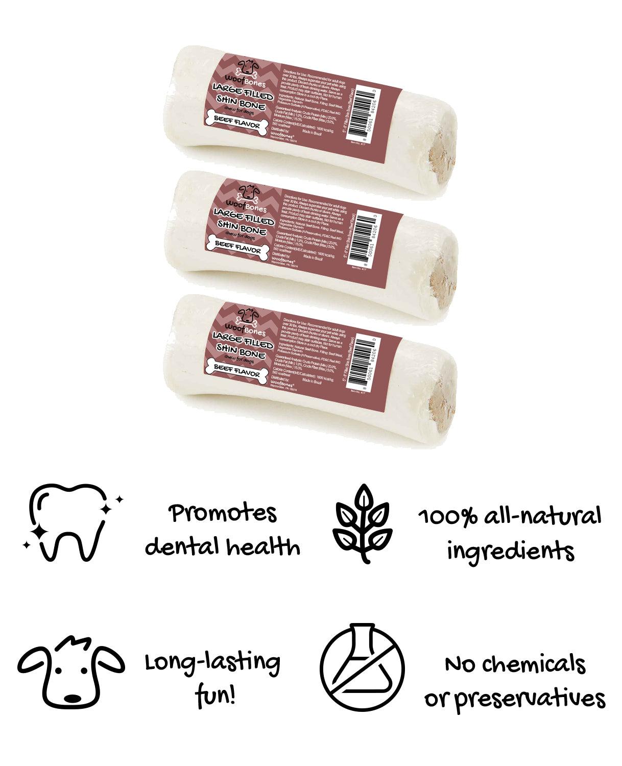 WoofBones Filled Shin Bone Beef Flavor Dog Treats, 5-6-in, 3-pk