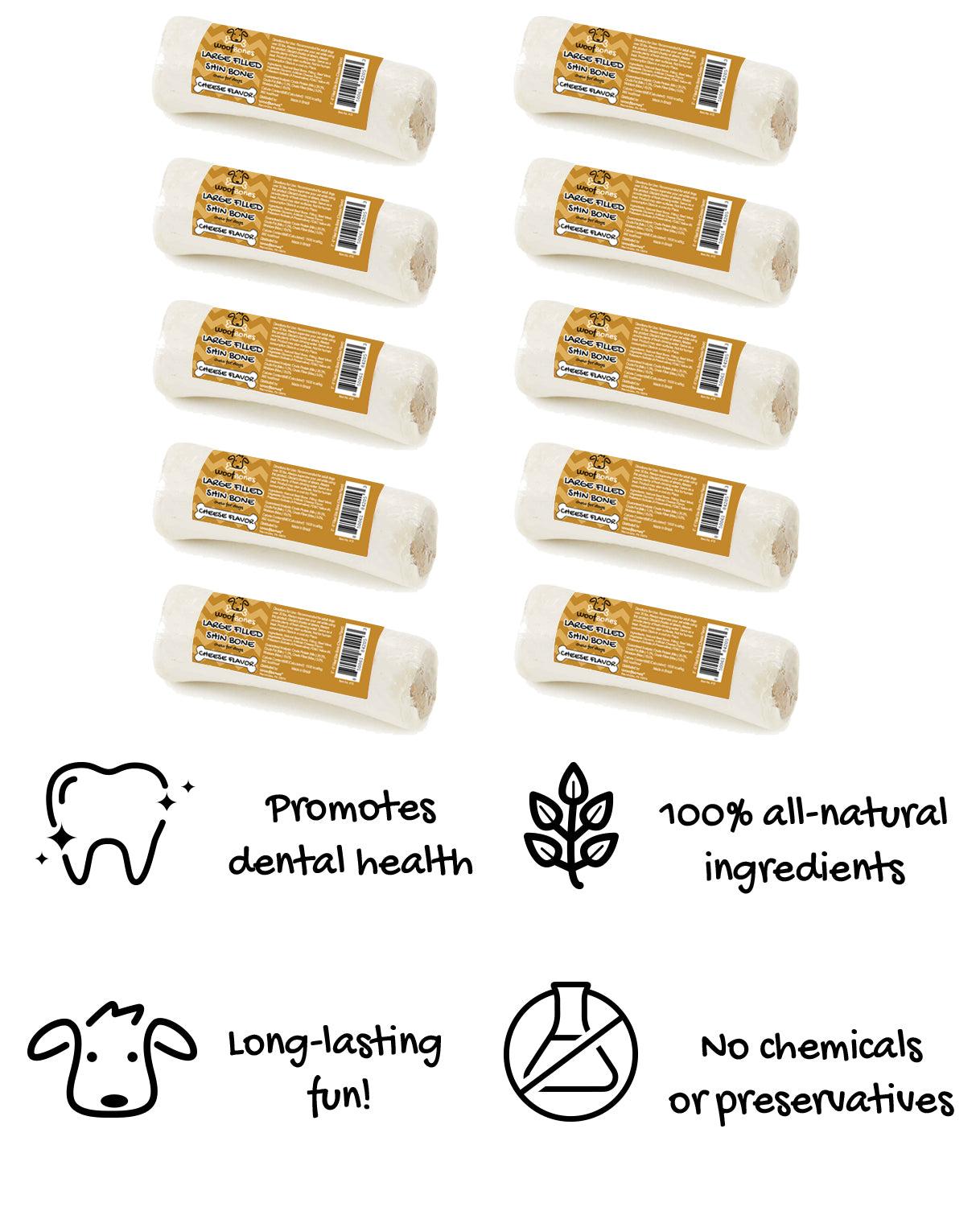WoofBones Filled Shin Bone Cheese Flavor Dog Treats, 5-6-in, 10-pk