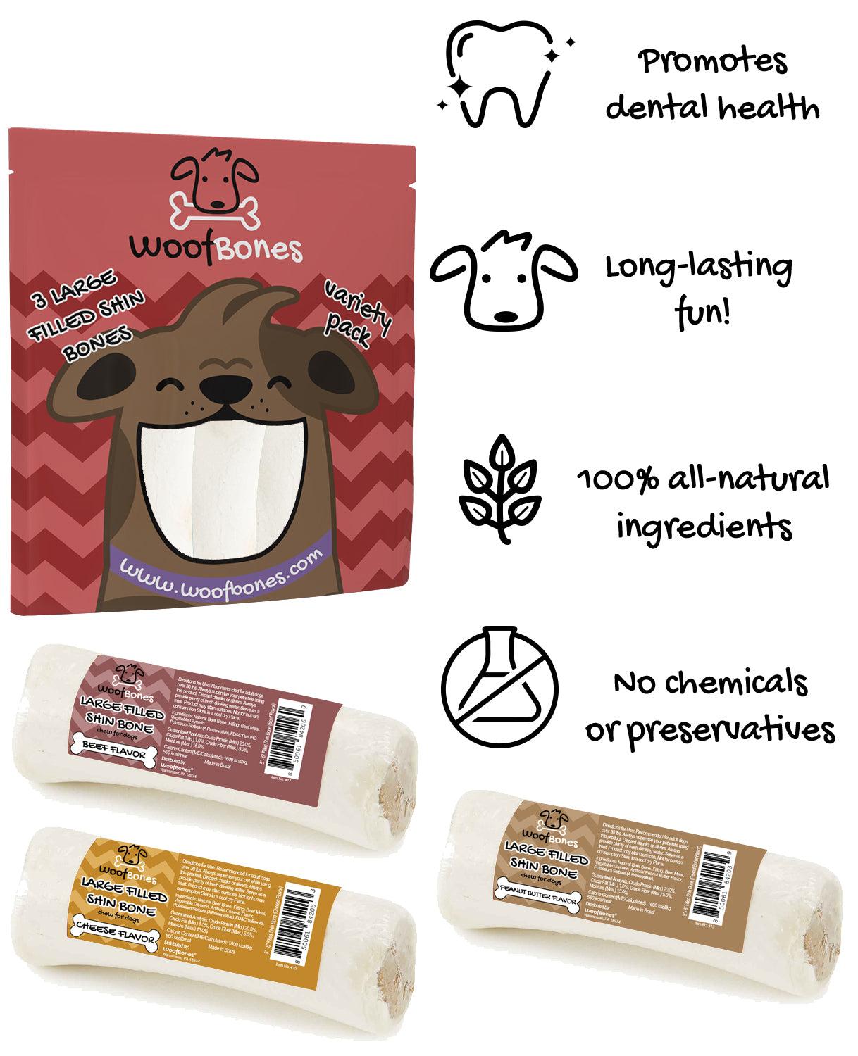 WoofBones Filled Shin Bone Dog Treats Variety Pack, 5-6-in, 3-pk