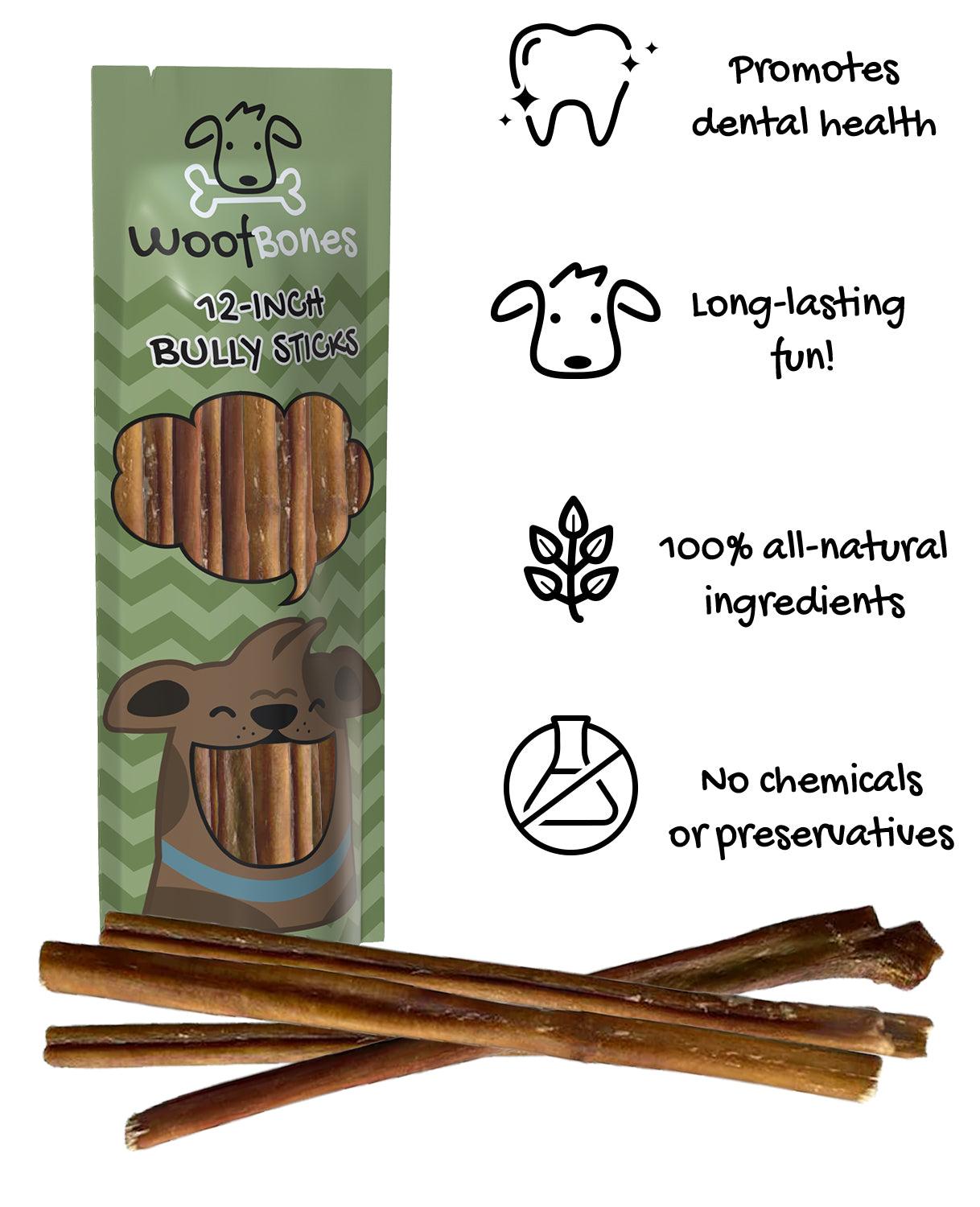 WoofBones Premium All-Natural Bully Sticks Dog Treats, 12-in, 10-pk