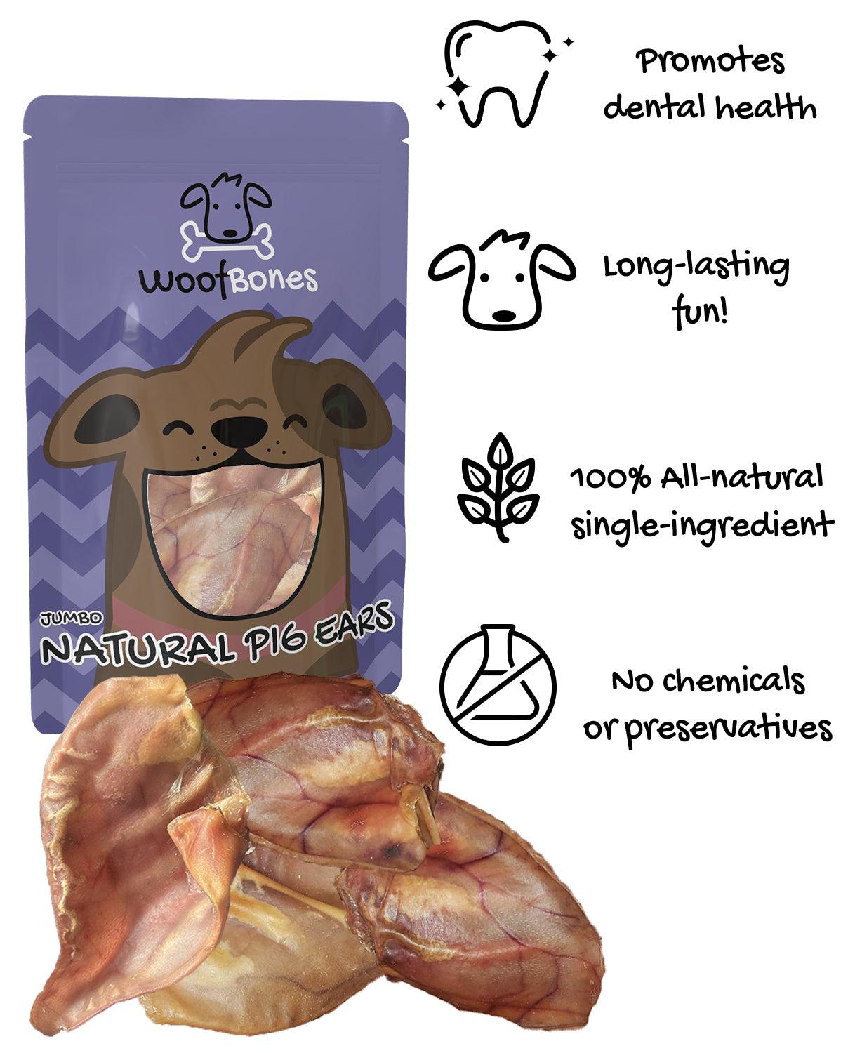 WoofBones All-Natural Pig Ear Chews Dog Treats, Jumbo, 12-pk