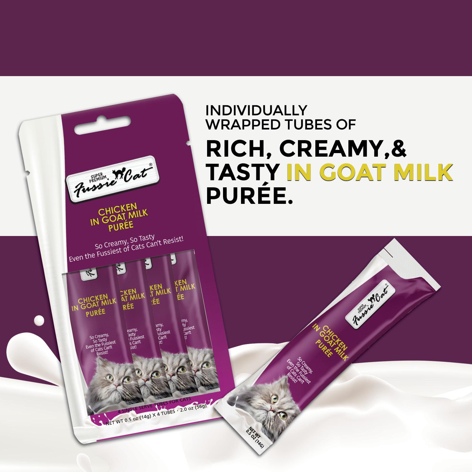 Fussie Cat Super Premium Chicken in Goat Milk Puree Cat Treats, 4-count