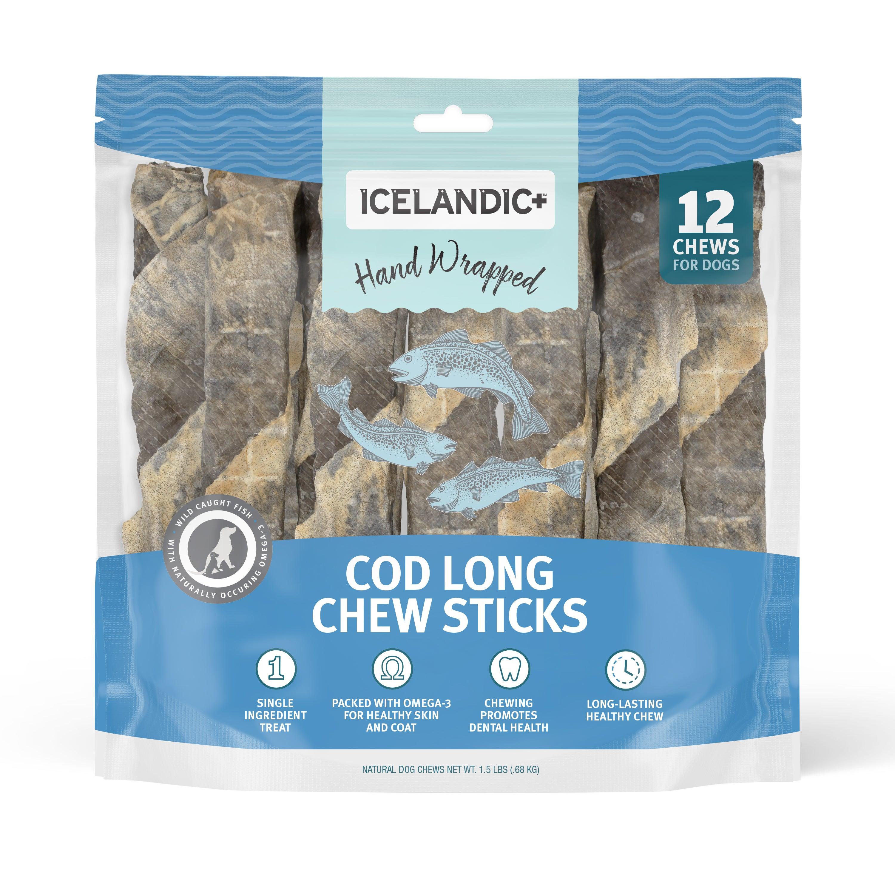 Icelandic+ Hand Wrapped Cod Skin Long Chew Sticks Dog Treats, 10-in, 12-pk