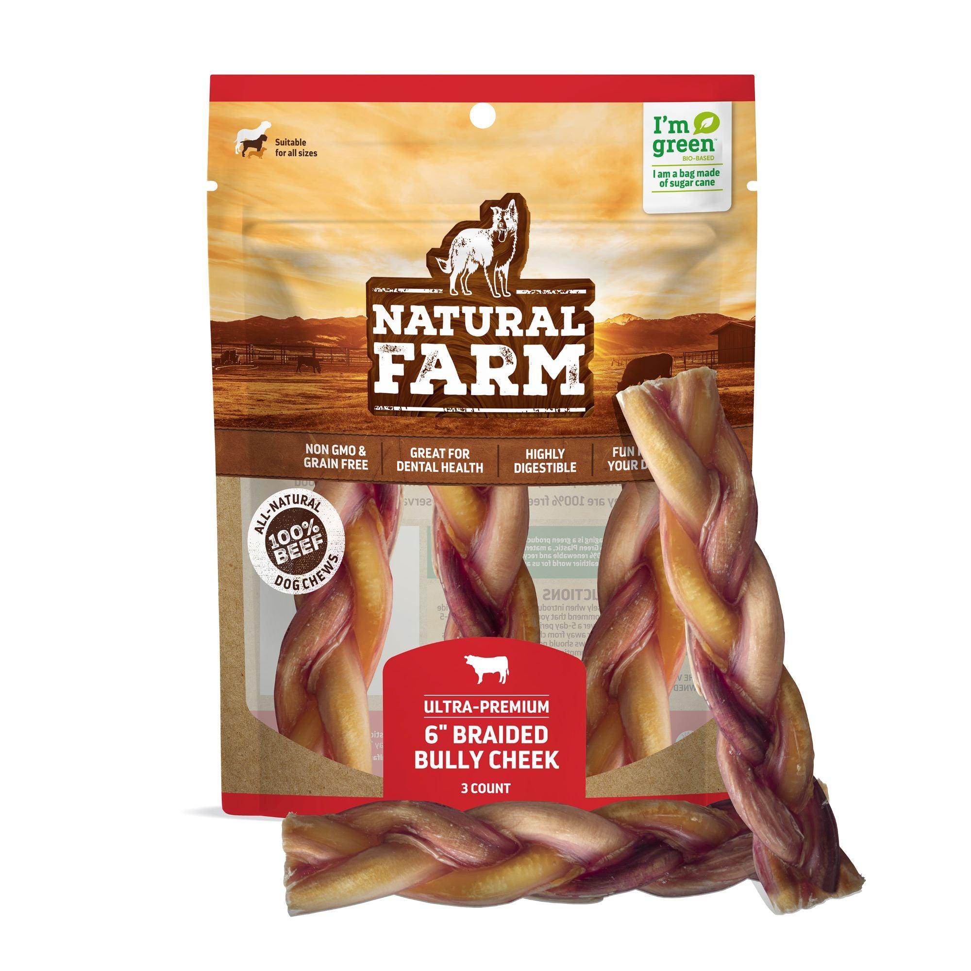 Natural Farm Braided Bully Cheek Sticks Dog Treats, 6-in