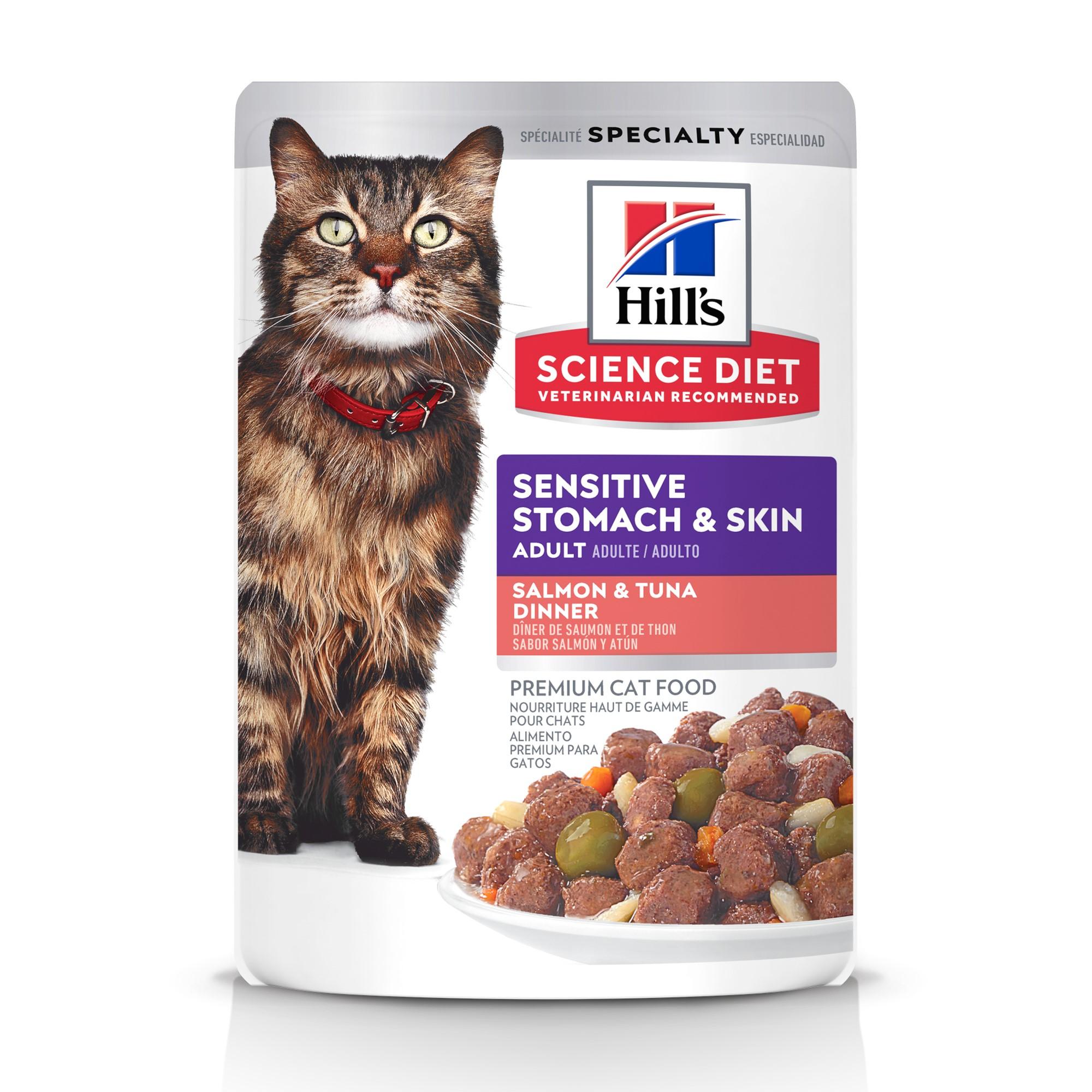 Hill's Science Diet Adult Sensitive Stomach & Skin Salmon & Tuna Dinner Wet Cat Food Pouch, 2.8-oz
